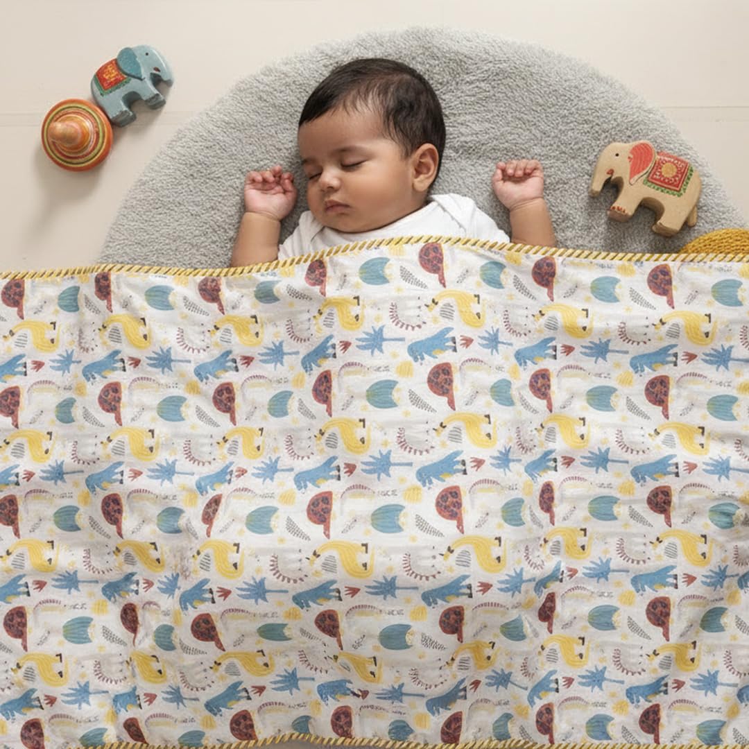 HOMEMONDE 100% Cotton Reversible Dohar for Newborn Baby Boy and Girl, 3 Layer Baby Dohar, Soft & Breathable, Ideal for All Seasons, 0-4 Years, Size- 55" x 39" (140 cm x 100 cm) - Dino Adventure-image-2