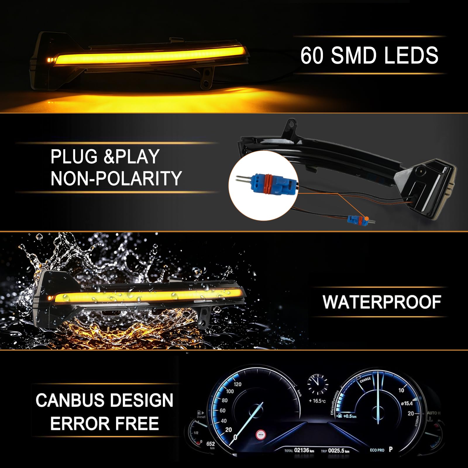 LED Spiegelblinker für BMW F10 F11 GT F07 F12 F13 F06 F01 | 2 Stück LED Blinker mit Canbus Fehlerfrei, Schwarz, Canbus-Design, 100% Fehlerfrei