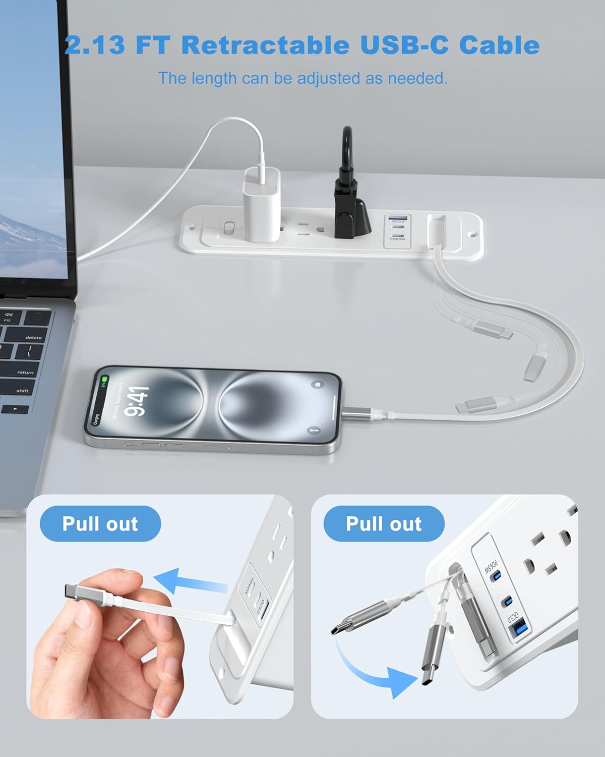 (Similar to) Recessed Power Strip with Retractable USB C Cable,2 PD 65W USB C Fast Charging,Flush Mount Countertop Drawer Outlet, Furniture Hidden Outlet for Side Table,End Table,3 Outlets (White, 6FT-65W) White 6FT-65W