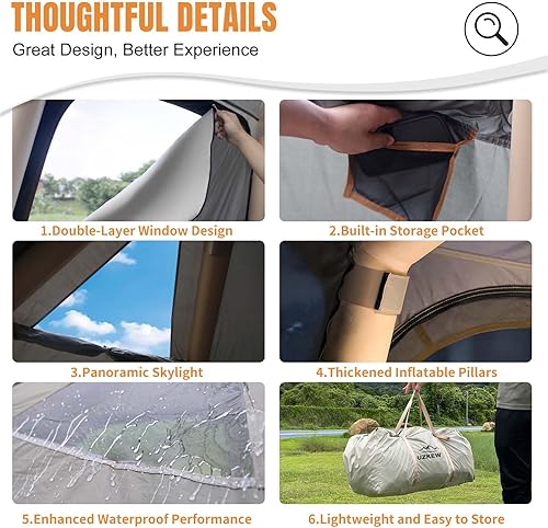 Miniatura 4 de Tienda de campaña inflable hexagonal, para 1 a 4 personas, 2 puertas y 4 ventanas de malla, configuración rápida, tienda de campaña de aire