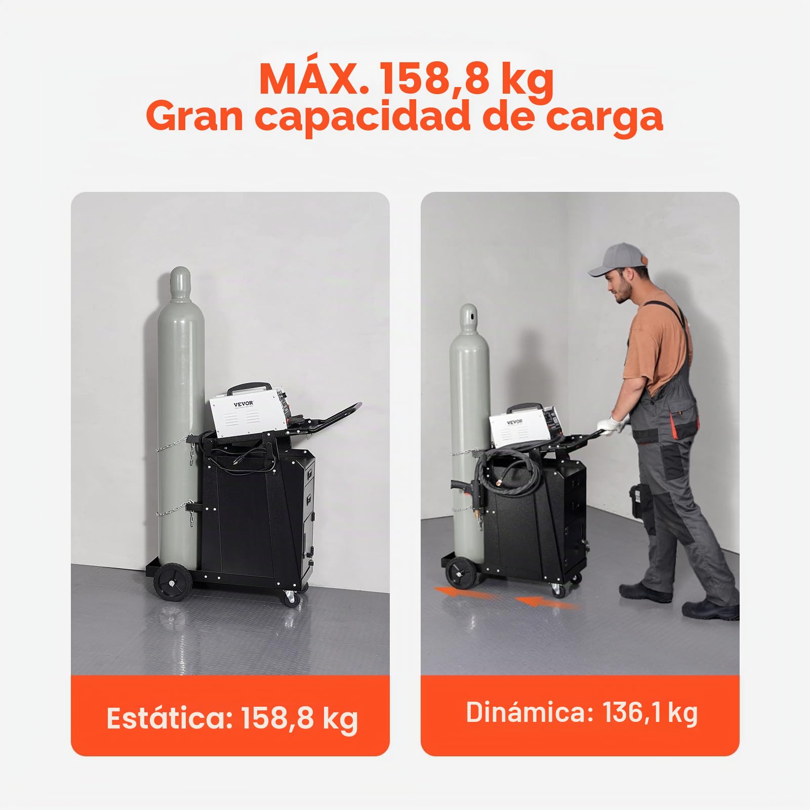 VEVOR Carro de Soldadura de 2 Cajones, Resistente, con Gabinete con Cerradura Antirrobo, Capacidad de Peso Estático de 159 kg, Ruedas Giratorias de 360°, Cortador de Plasma, 465 x 920 x 925 mm