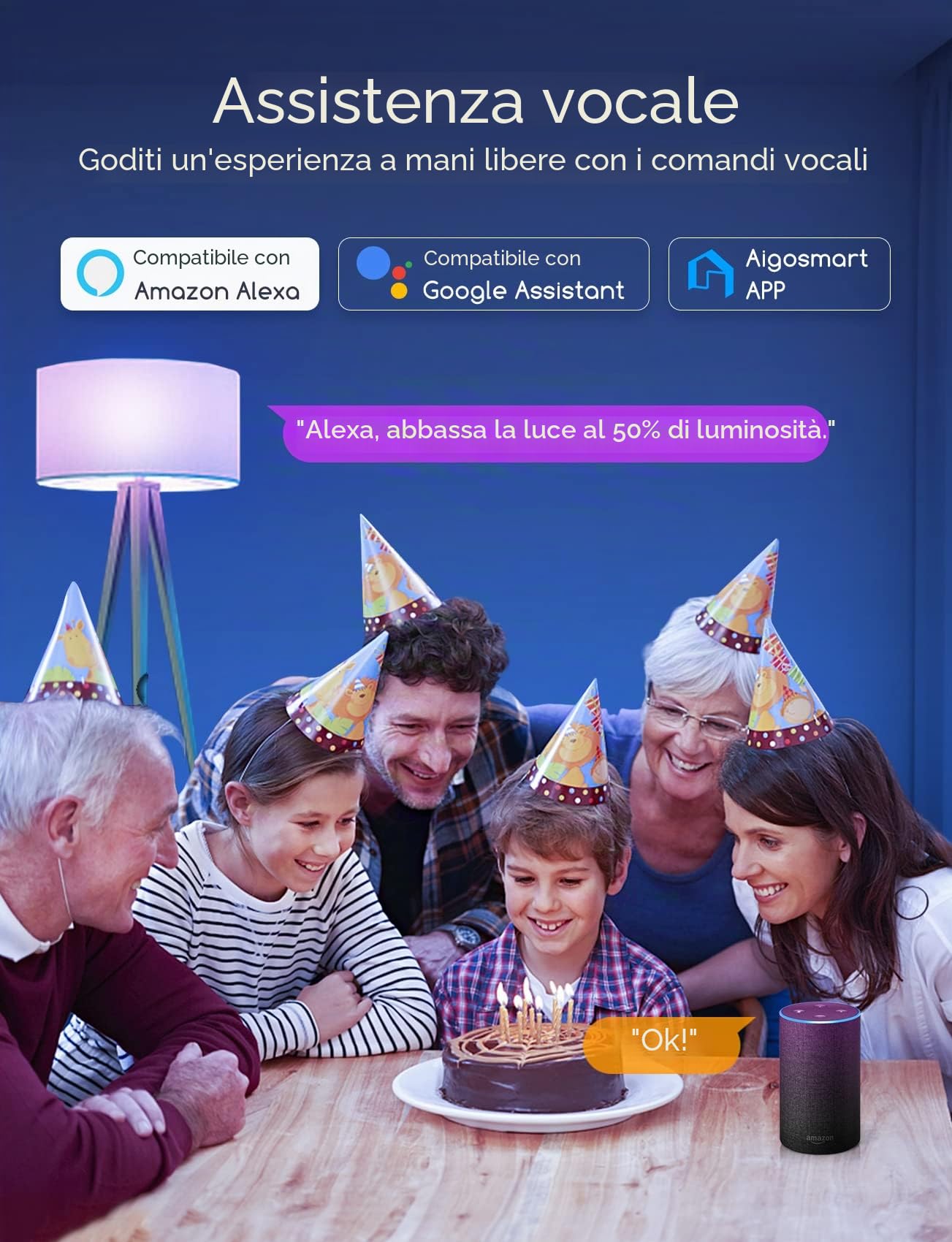 Aigostar Lampadine Alexa, Lampadine Wifi G45 E27 6.5W, Lampadina Smart RGBCW Compatibile con Alexa/Google Home, Nessun Hub Richiesto. Funzionamento a Distanza, Controllo Vocale, 6 Unità.
