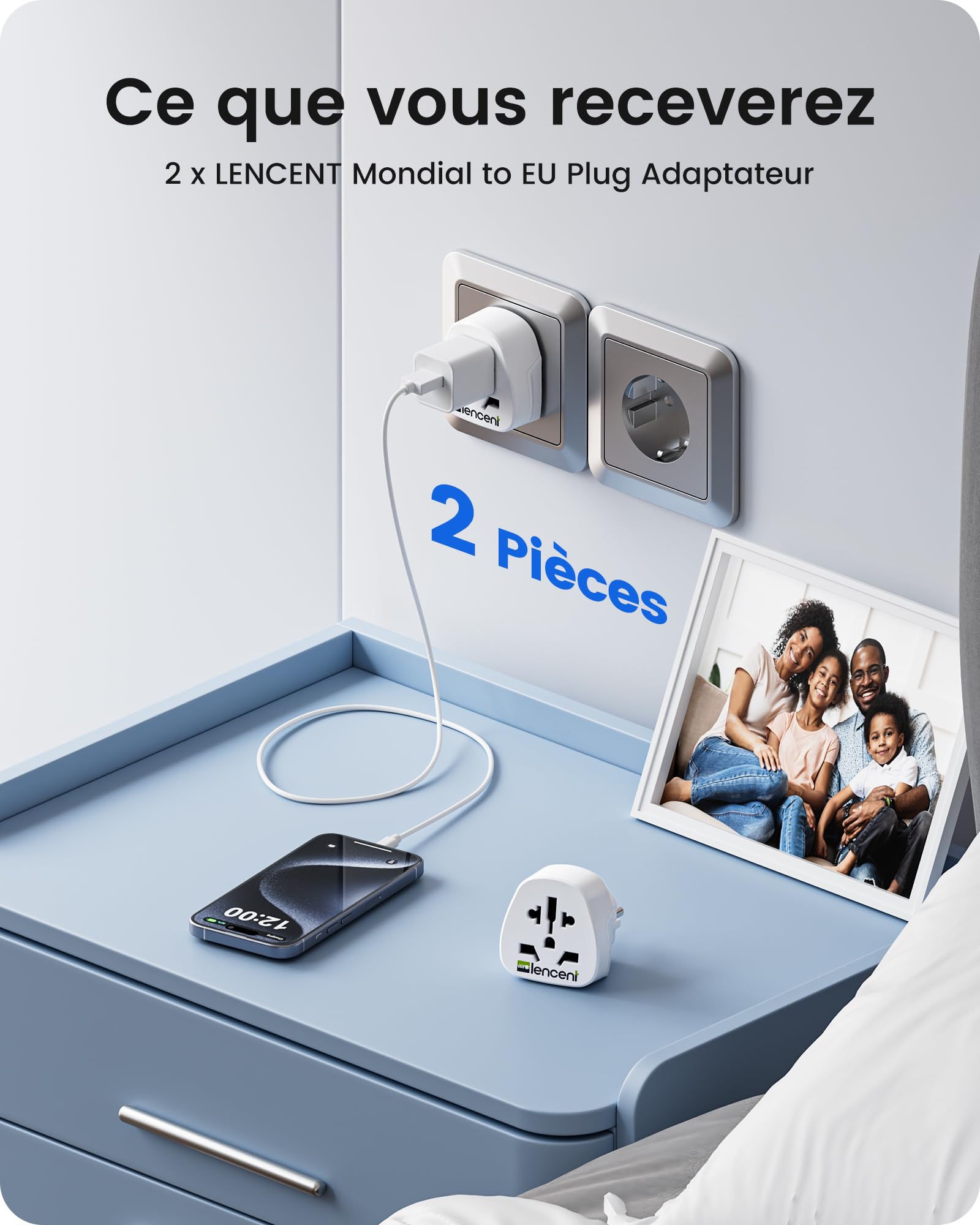 LENCENT 2X Adaptateur Universel vers France FR pour la Connexion d'appareils étrangers, par ex. UK Anglaise Angleterre, USA Americaine, Chine, Australie, Japon, Italie, Suisse etc.
