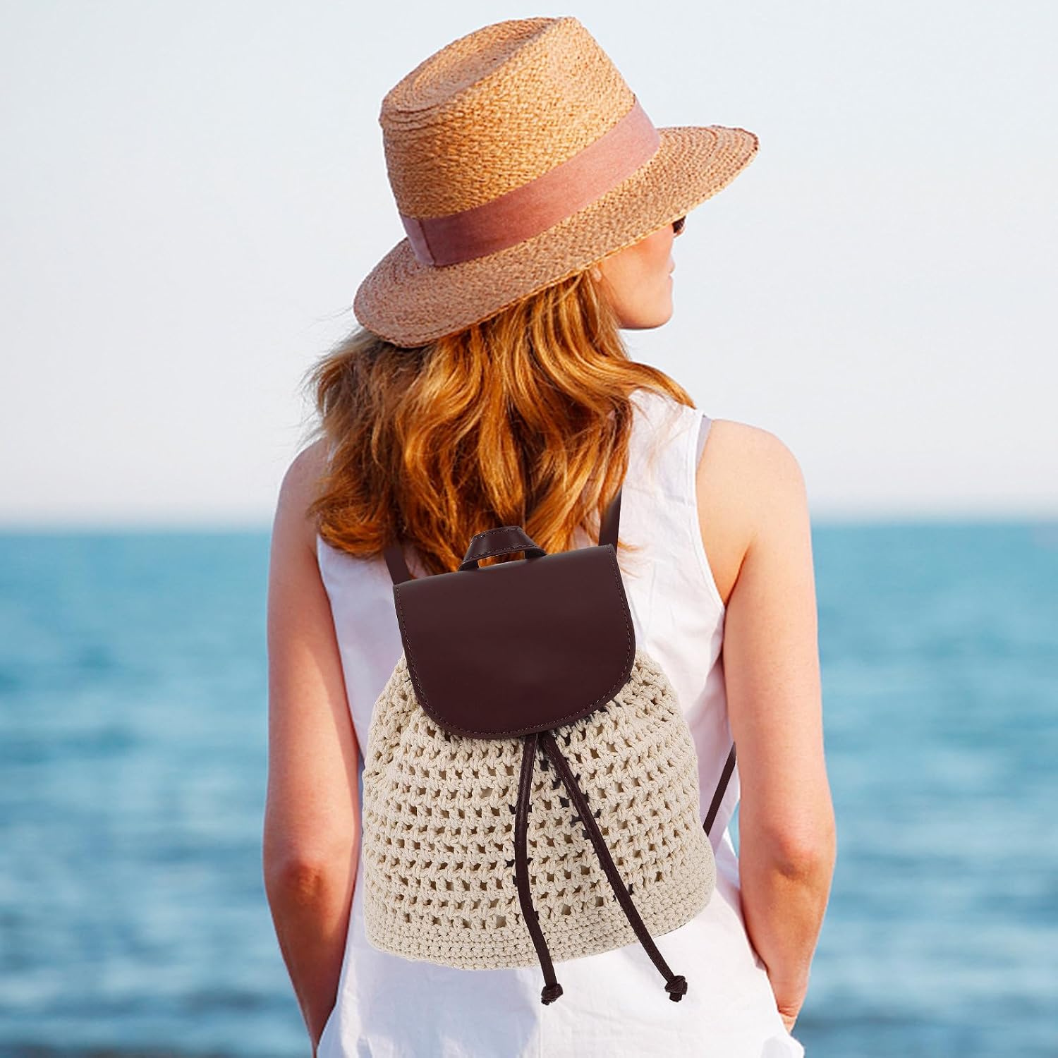 Handmade Woven Crochet Backpack Women’s Boho Knitted Crossbody Mini Backpack Casual Daypack for Travel and Commuting