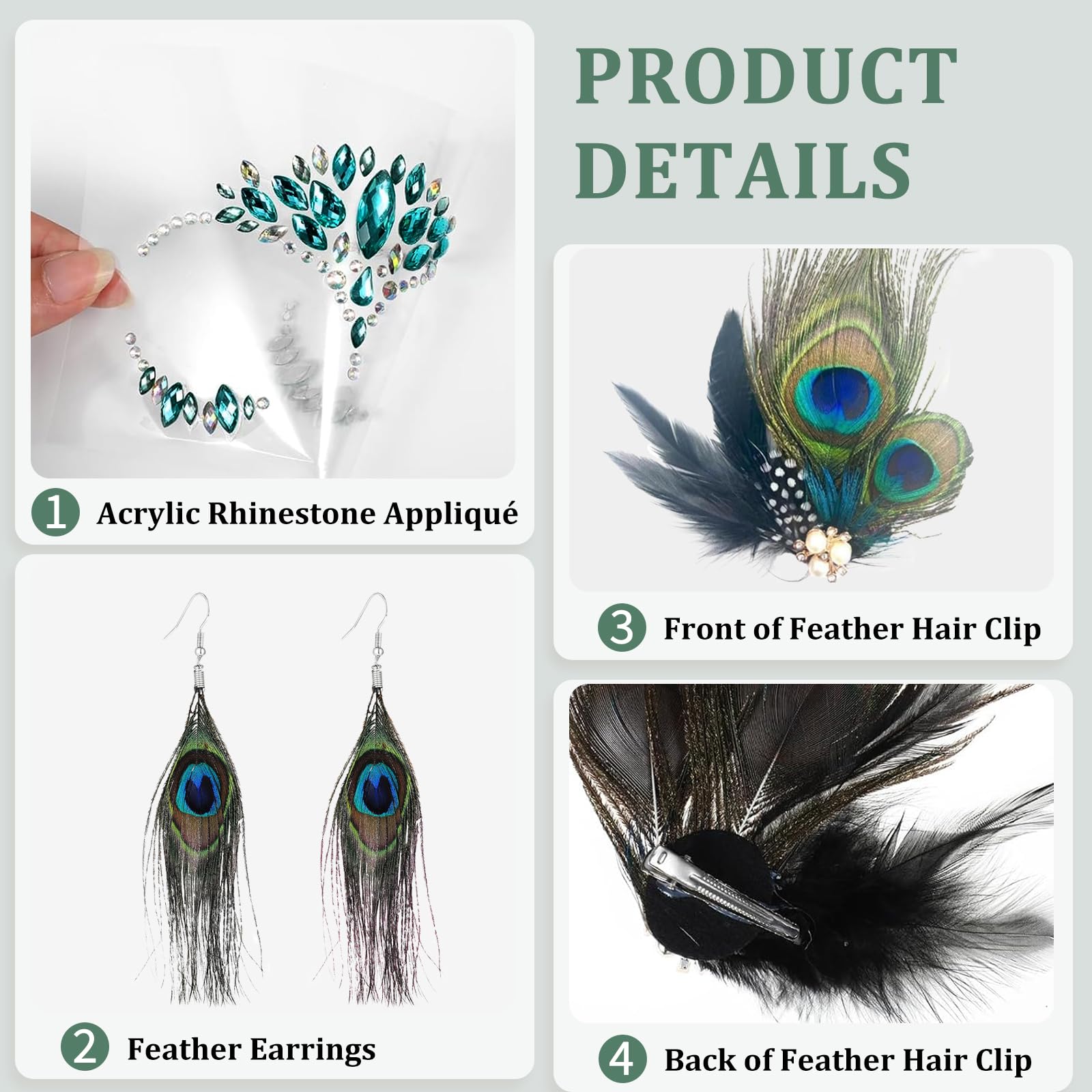 Pfauen-Kostüm-Set Für Damen – Haarschmuck, Ohrringe & Strass-Gesichtsschmuck – Ideal Für Karneval, Maskerade & Bühne