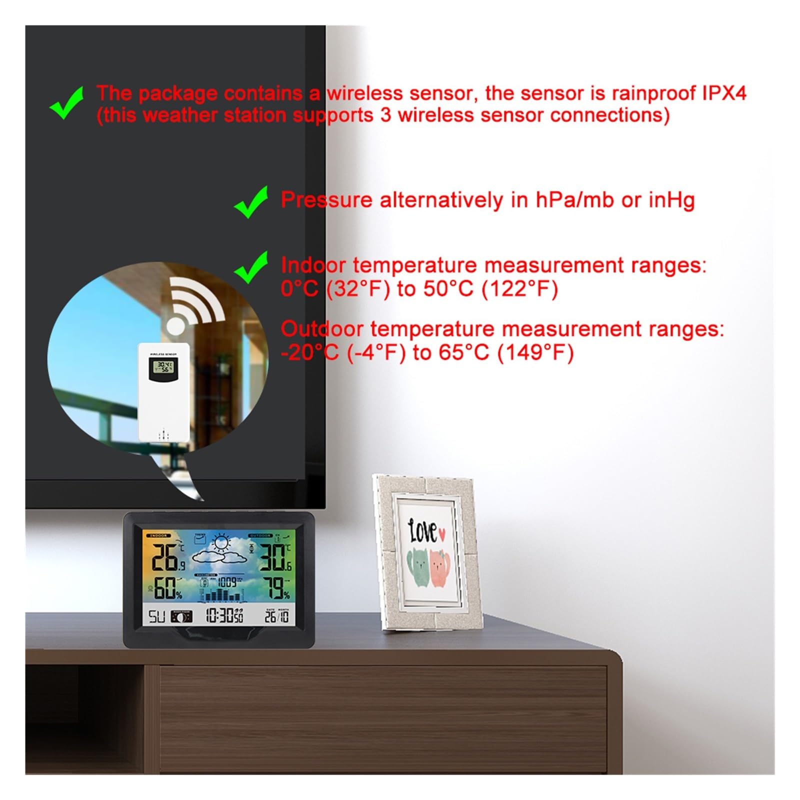 Cyfrowa stacja pogodowa Budzik Termometr elektroniczny Higrometr Barometr Bezprzewodowy czujnik zewnętrzny Wystrój domu, czujnik 3
