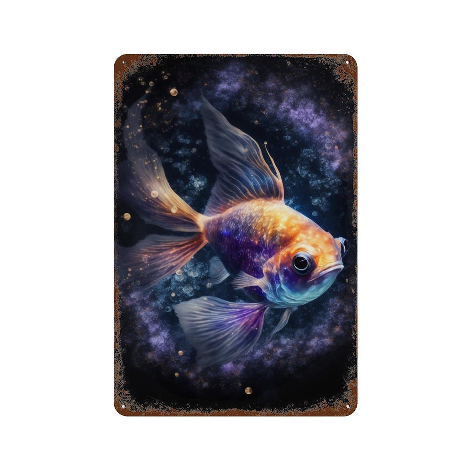 Rust Effect Galactic Goldfish Art Print Rusty Metal Tin Sign 11.8"x7.9", Decorative Metal Wall Art for Farmhouse, Kitchen And Entryway Decor