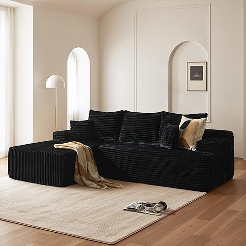 96" Cloud Sectional Couch with Comfy Chaise, Boneless L Shape Sofa with Deep Seat, Minimalist Modular Couches Sleeper for Living Room Bedroom Apartment Lounge,Black