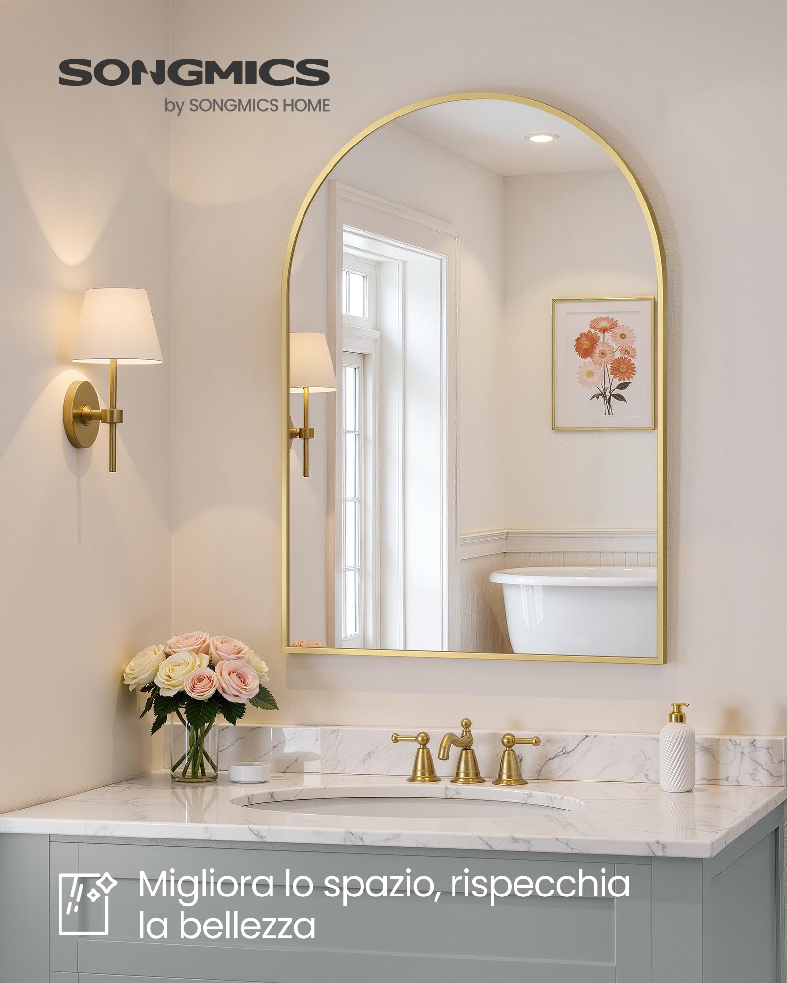 SONGMICS Specchio Bagno, Specchio da Parete, ad Arco, Cornice in Alluminio, 91 x 61 cm, Pellicola di Sicurezza, Facile da Montare, Soggiorno Camera da Letto, Oro Pallido LWM011AB01