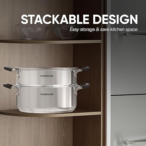 Miniatura 8 de SUNHOUSE - Ollas de vapor de 4.6 cuartos de galón con tapa, olla multiusos de acero inoxidable de 2 niveles con asa para verduras, albóndigas,