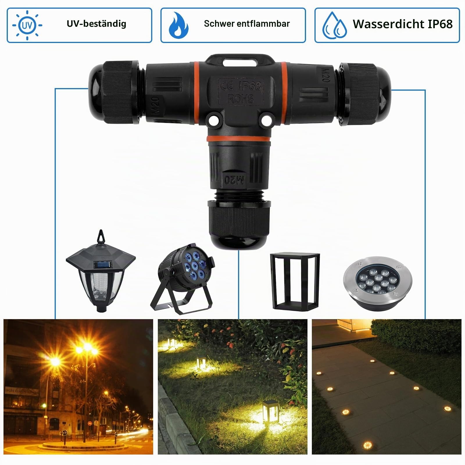 12 Stück Kabelverbinder Wasserdicht IP68, T-Form Verteilerdose Klemmdose Kabelverbinder Wasserdicht 3-polig Erdkabel Verbindungsmuffe für Ø3-12 mm Kabeldurchmesser, Acrylnitril-Butadien-Styrol