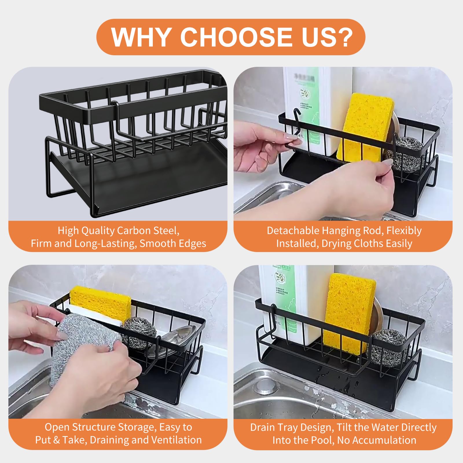 CYZBL Multifunctional Kitchen Sink Storage Organiser, Black Stainless Steel Sponge Holder - Image 3