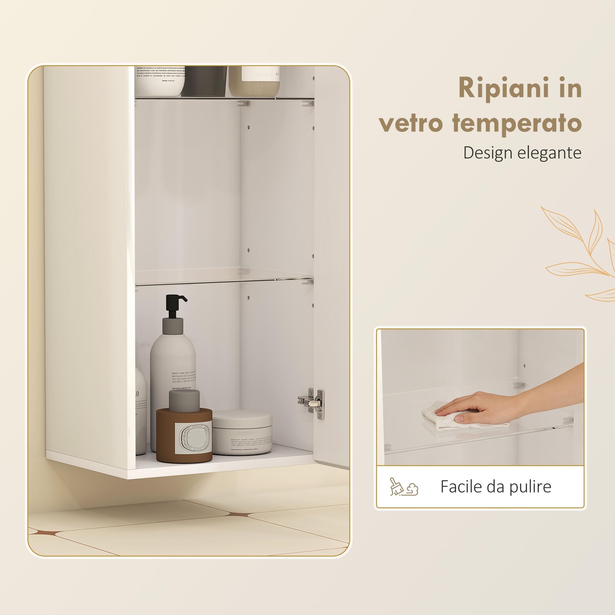 HOMCOM Mobiletto Bagno Sospeso con Anta Senza Maniglia, Pensile Bagno con 2 Ripiani in Vetro Temperato Regolabile, Mobile a Parete Multiuso, 30x23.4x71.2 cm, Bianco Lucido
