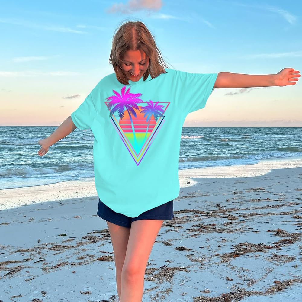 Beach Sunset Palm Trees Graphic Oversized Shirt Womens Retro Summer Beach Party T-Shirt Tropical Vacation Tee Tops - Image 2