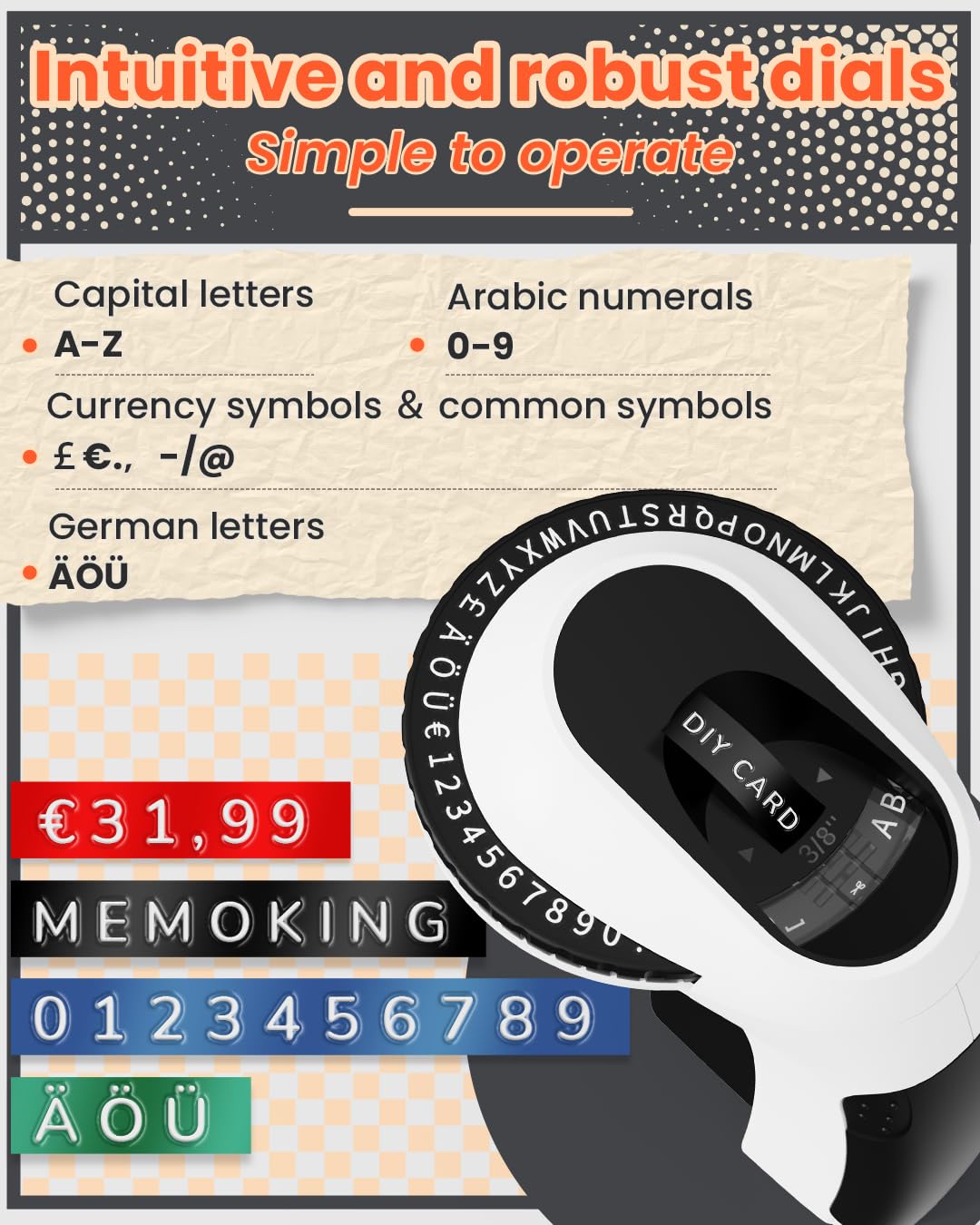 Memoking E975 3D Embossed Label Maker Machine Etichettatrice a Rilievo Adesiva con 3 nastri