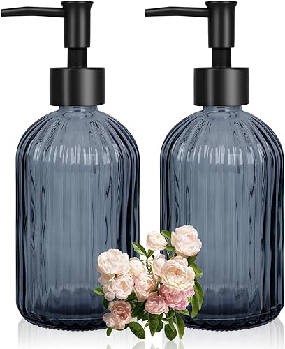 Miniatura 20 de 2 dispensadores de jabón de vidrio transparente con bomba, dispensador de jabón recargable de 11 oz con diseño de diamante para lavado de manos,