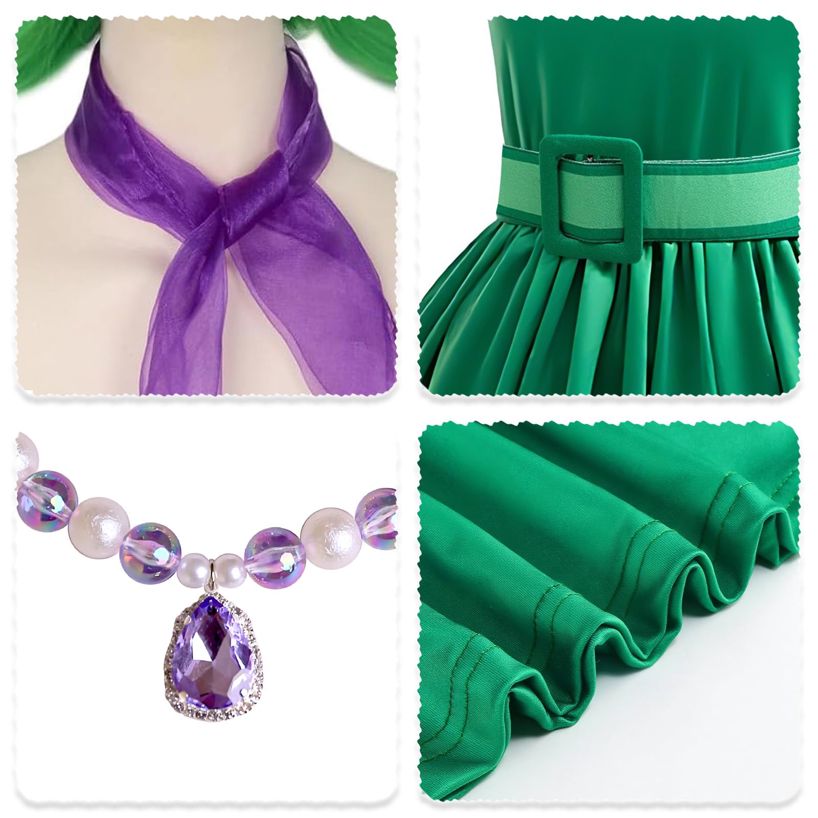 AENEY 9PCS Kids Girls Disgust Inside out Costume, Green Princess Dress with Wig Scarf Necklace Stocking - Image 2