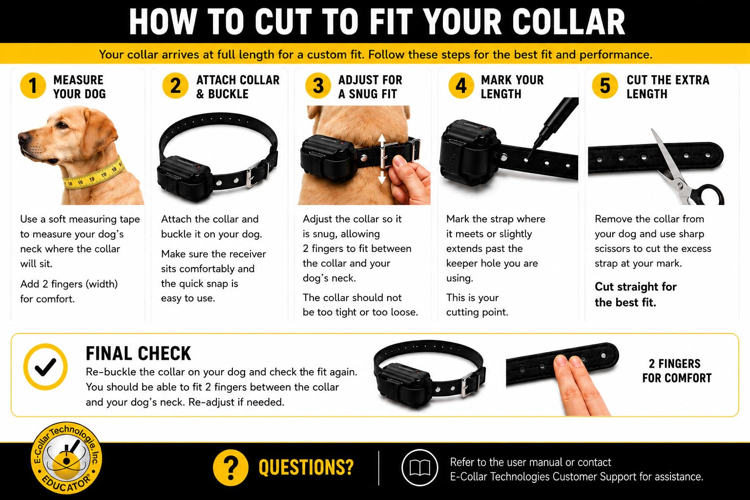 Educator Quick Snap Dog Collar, Biothane, Waterproof, Odorproof, Easy Connect Disconnect Clasp and D Ring with Comfort Bungee Loop Ajustable para un Ajuste Personalizado, Negro, 3/4W x 33L