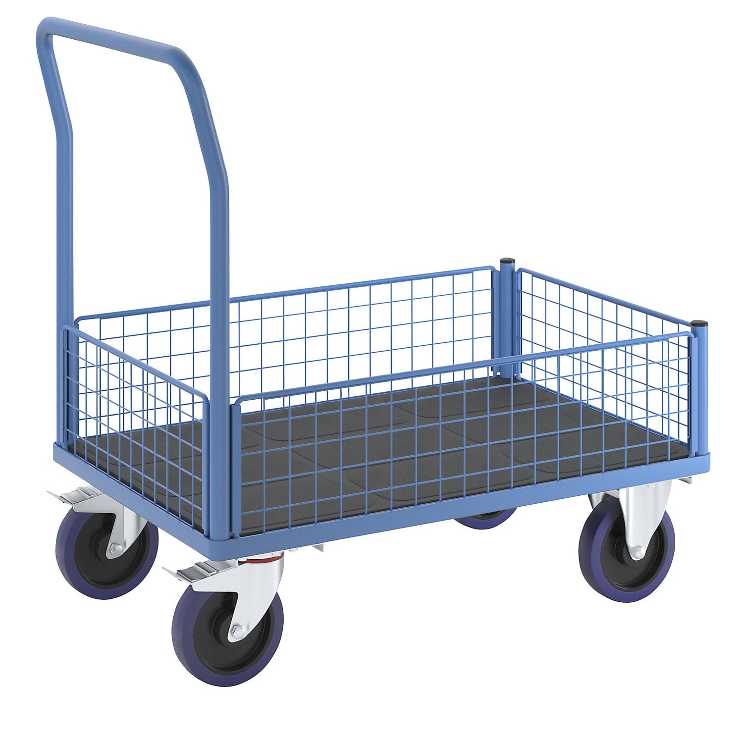 eurokraft pro | Plattformwagen mit Gitterwänden | Vollelastik-Rollen, 4 halbhohe Gitter, LxB 1000 x 650 mm