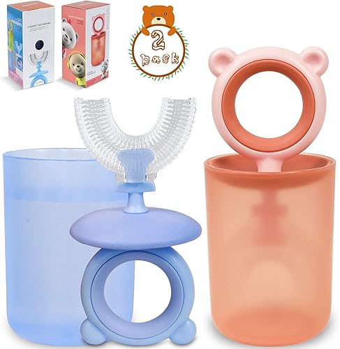 COLOROUND Paquete de 2 cepillos de dientes en forma de U para niños de 2 a 6 años, cepillo de dientes de silicona para bebés con taza de