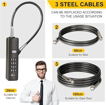 DELSWIN Cable Locks with Combination, 4-Digit Combination Lock with 3 Steel Ropes (9'' /23.6'' /47.2''), Security Cable Lock for Luggage, Helmet, Gym Locker, Cabinet, Gate (Gun-Grey)