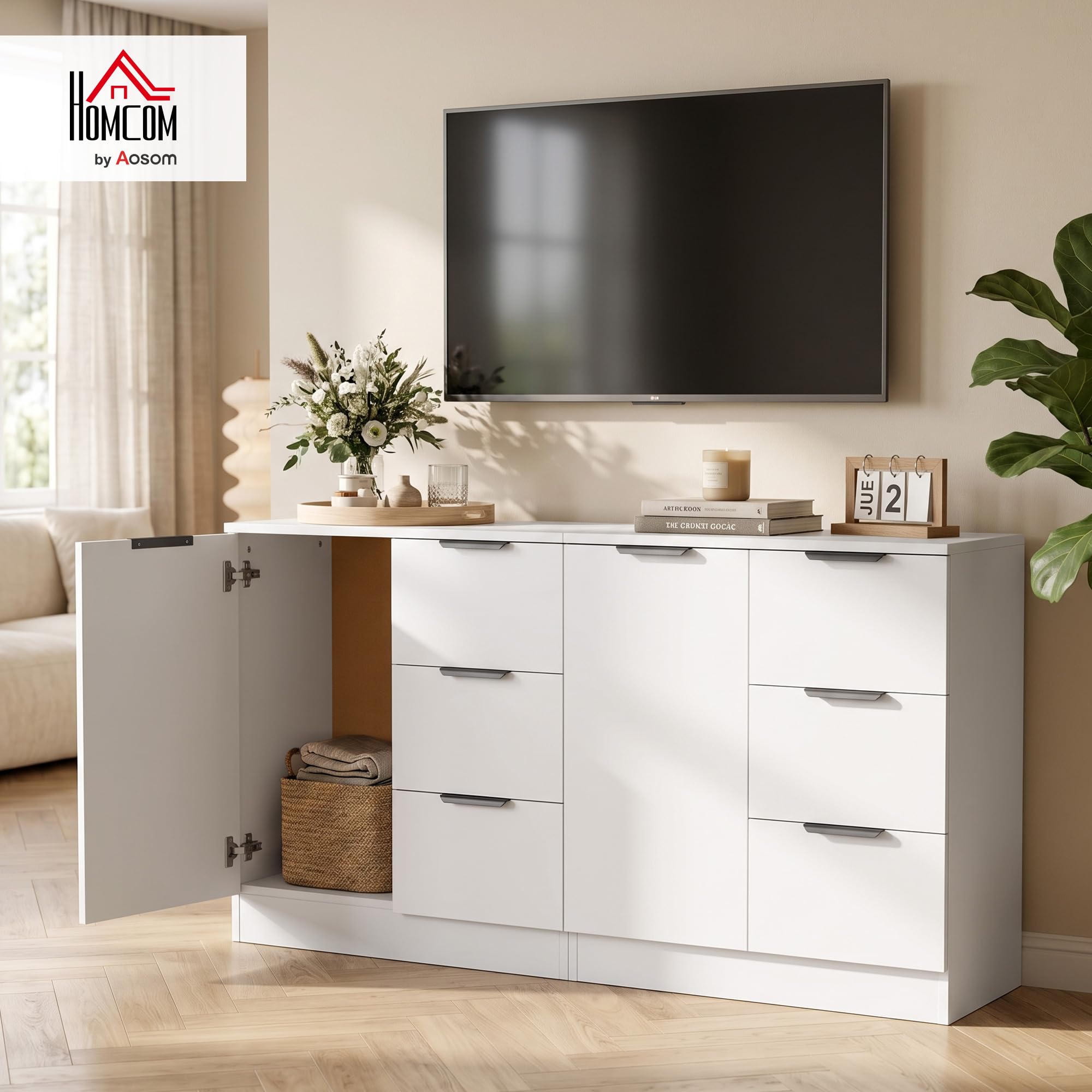 HOMCOM Buffet de Salon étroit, Meuble de Rangement avec 3 tiroirs et Porte à Fermeture en Douceur, Blanc