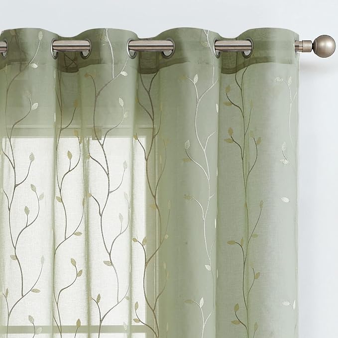 jinchan Green Sheer Linen Curtains for Bedroom, 84 Inch Length Floral Embroidered Semi Sheer Privacy Drapes for Living Room Embroidery Voile Transparent Grommet Window Treatments 2 Panels