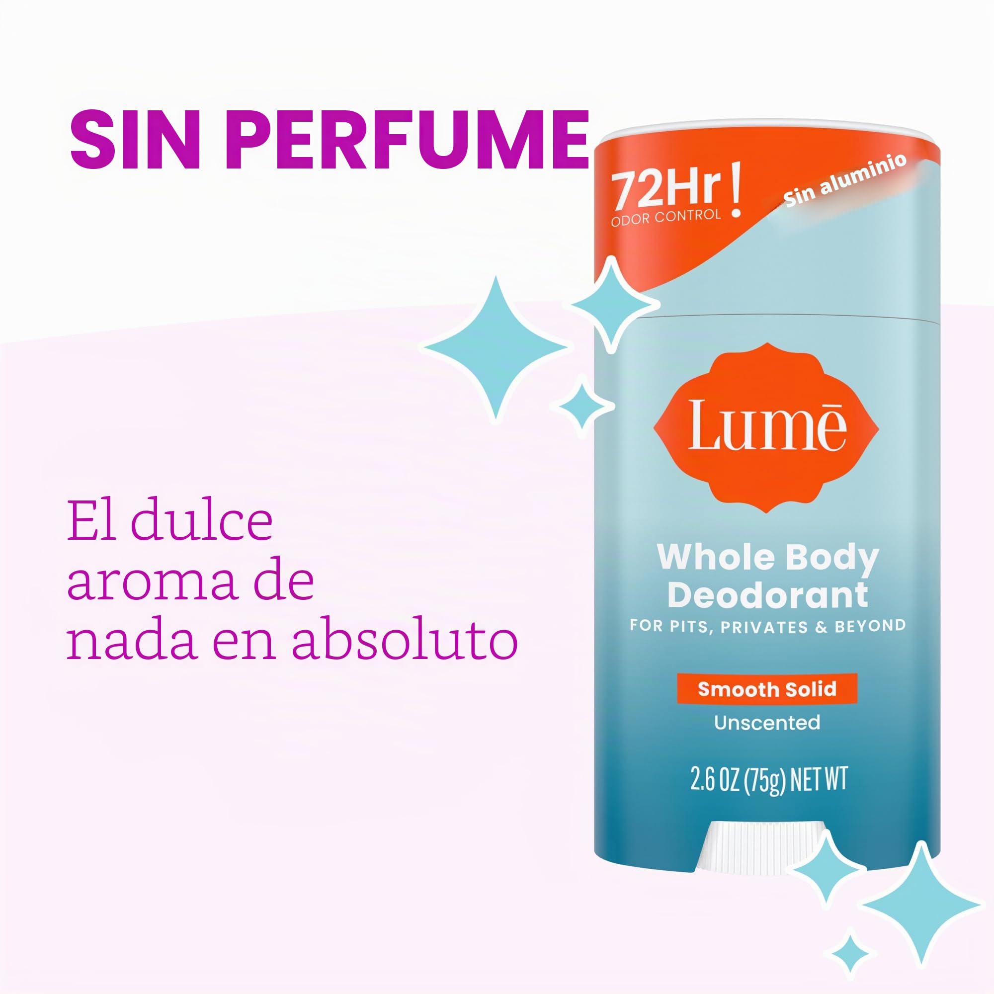 Lume Desodorante sólido en barra, desodorante para todo el cuerpo, sin aluminio, sin bicarbonato de sodio, hipoalergénico, seguro para pieles sensibles, barra sólida de 2.6 onzas (sin perfume)