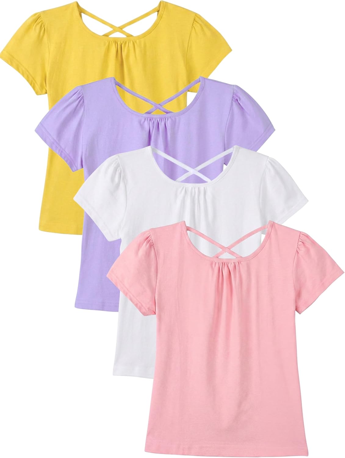 Toddler Girls Short Sleeve T-Shirts 4 Pack Puff Sleeve Baby Girl Tees Cross Back Soft Cotton Summer Tops 2T-5T