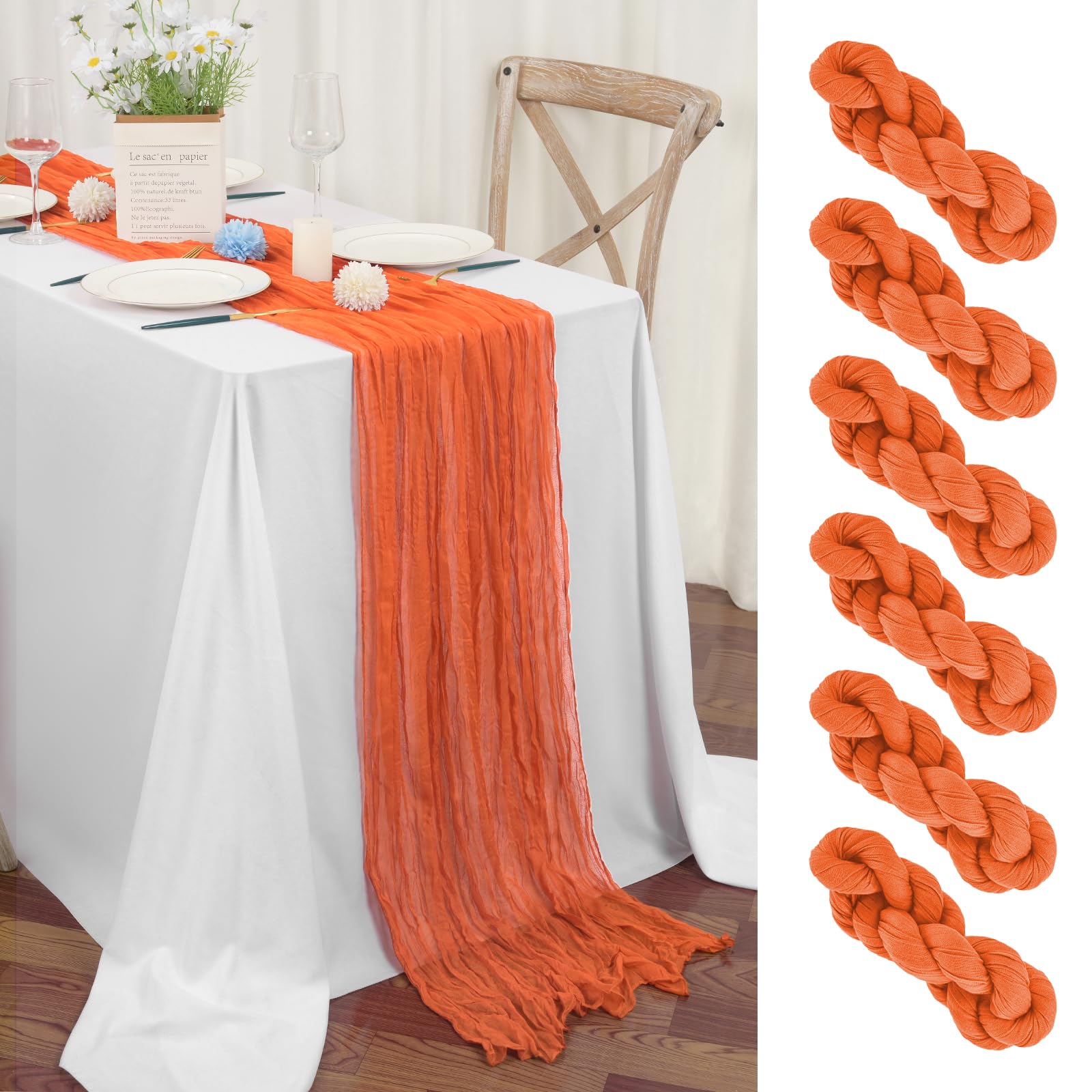 Teruntrue 6 Pack Orange Cheesecloth Table Runner 55x300 cm Boho Gauze Cheese Cloth Table Runner for Wedding Party Baby Bridal Shower Birthday Decorations — image 1