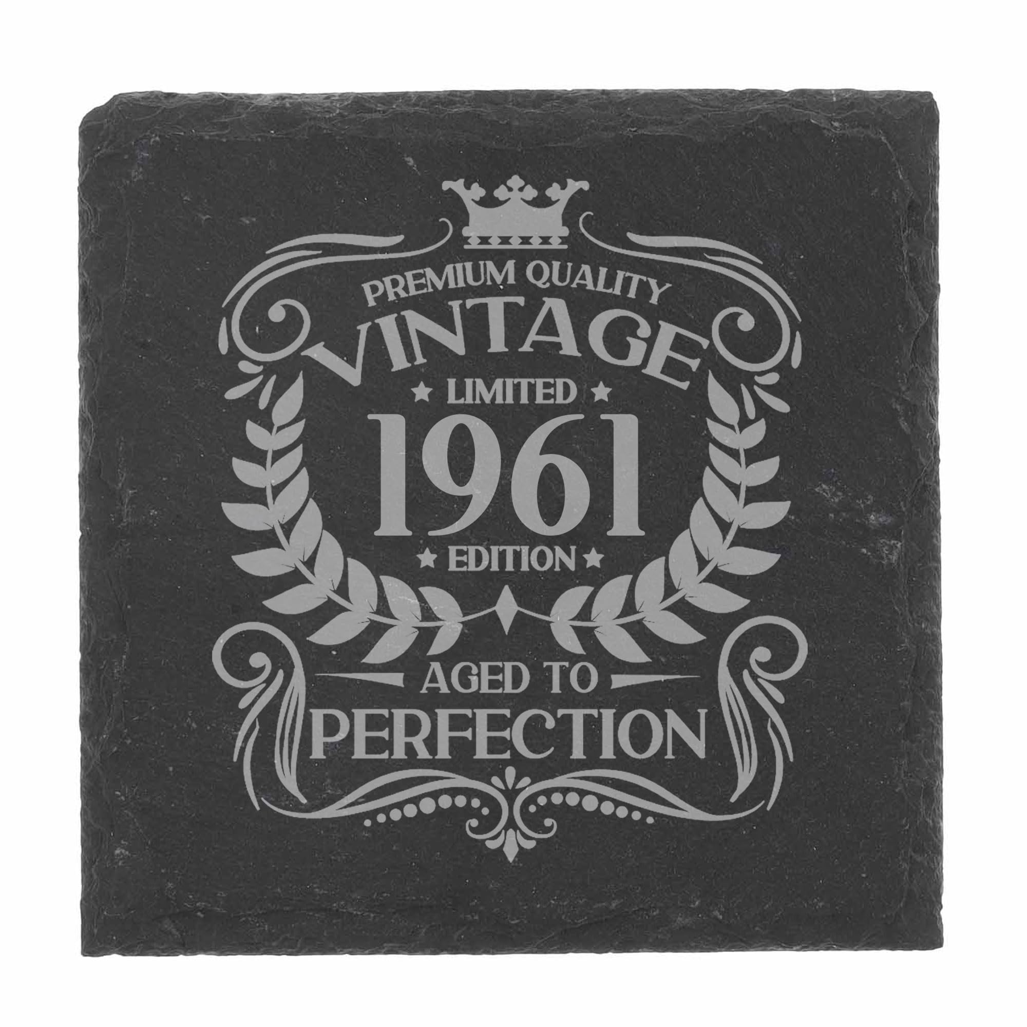 65th Birthday Gift for Men Vintage 1961 Aged to Perfection Engraved Slate Coaster Present for 65 Year Old Etched Natural Slate Placemat (Square Slate)