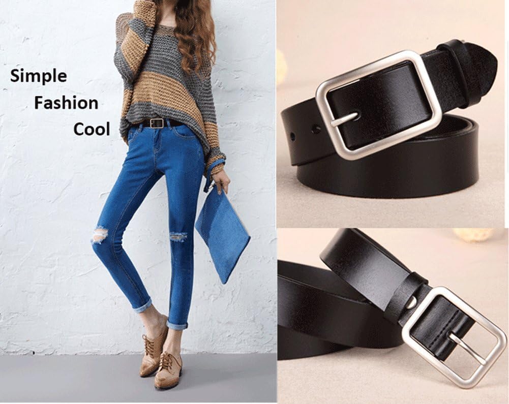 Womens Leather Belt for Jeans, Black Leather Waist Belts with Pin Buckles - Image 2