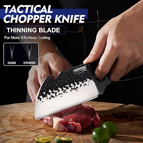 Miniatura 4 de Juego de 2 cuchillos de carnicero - Cuchillo Clvear de carne y cuchillo táctico para cortar carne forjada a mano para el hogar, cocinar al aire