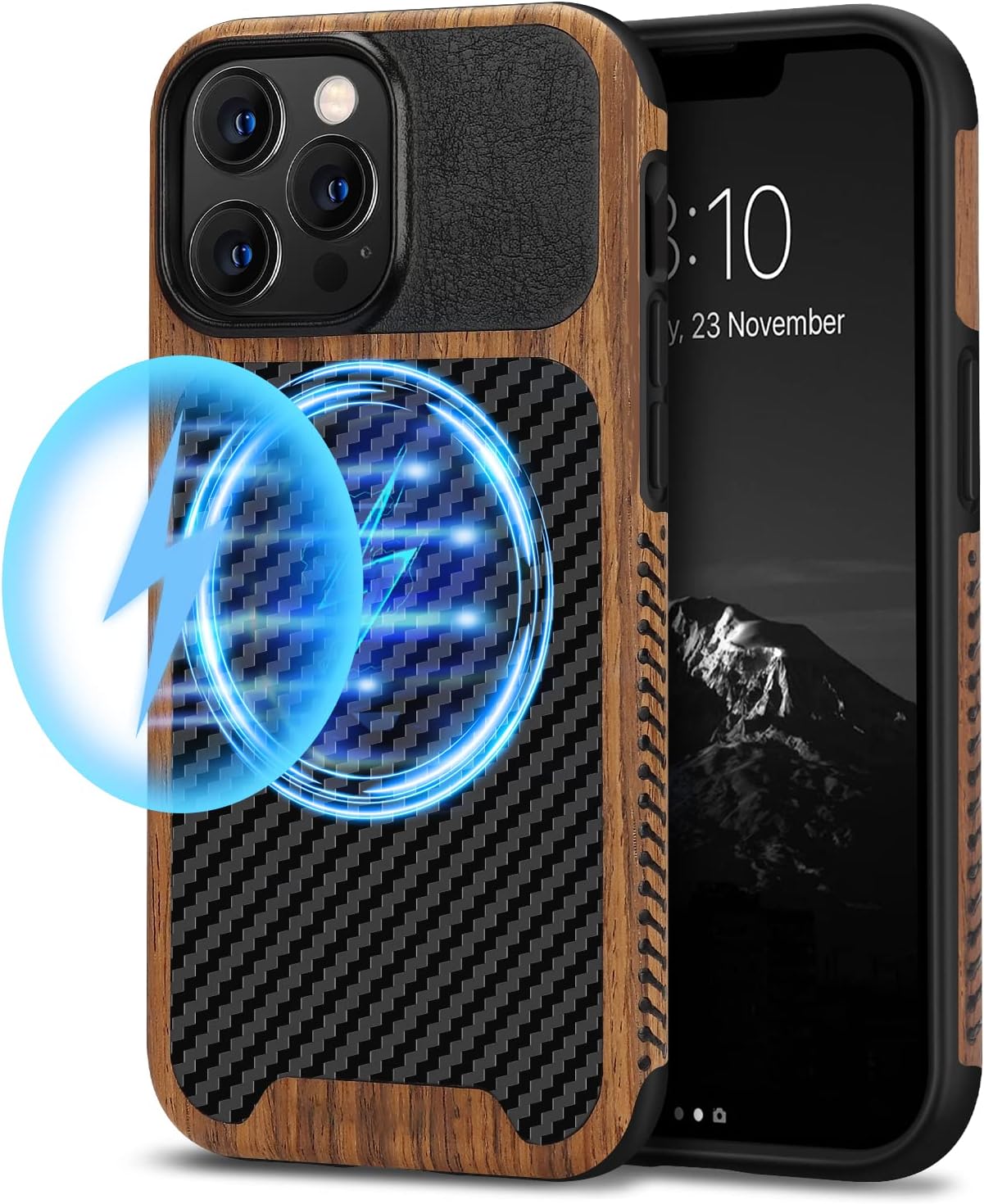 TENDLIN Magnetic Case Compatible with iPhone 13 Pro Max Case Wood Grain with Carbon Fiber Texture Design Leather Hybrid Slim Case (Compatible with MagSafe) Black