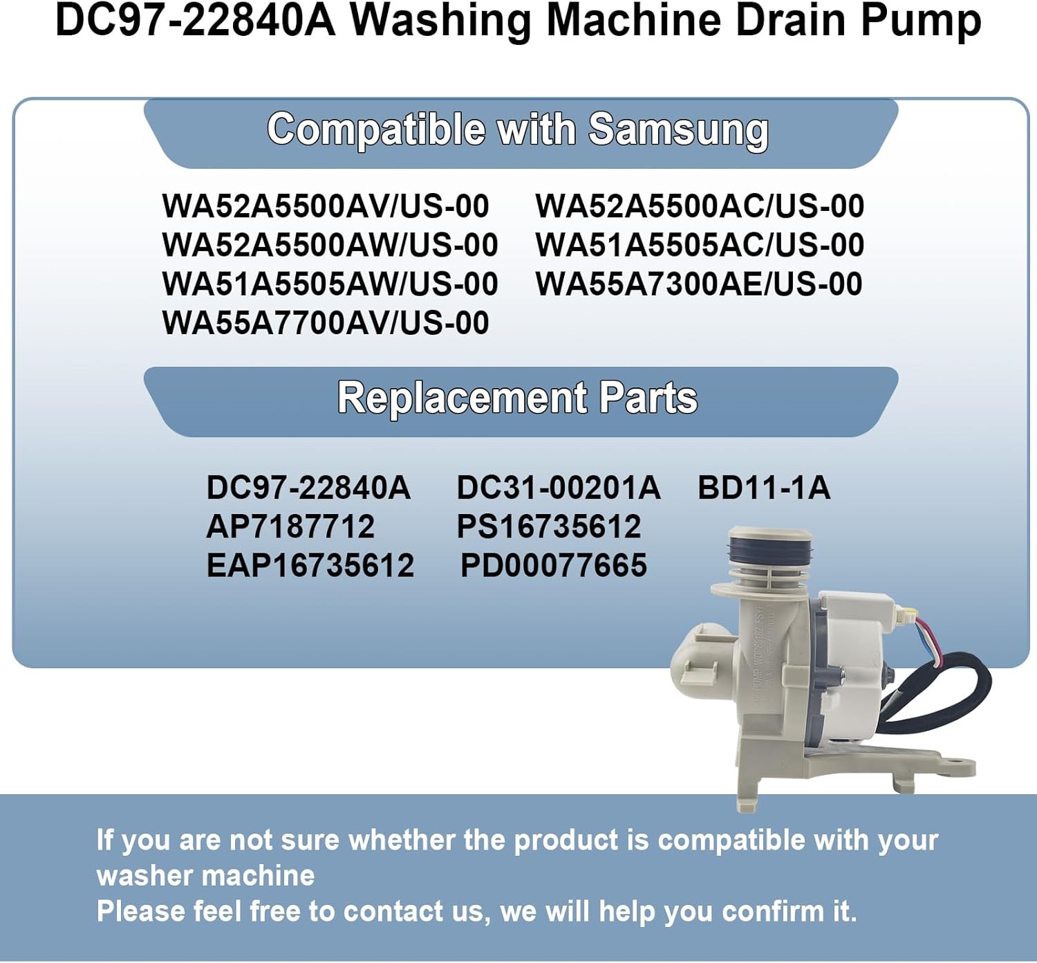 DC97-22840A, DC31-00201A Drain Pump Assembly Replacement for Samsung-PD00077665 AP7187712 PS16735612 EAP16735612 HanyuBD11-1A DC3100201A Washing Machines DC24V 45W