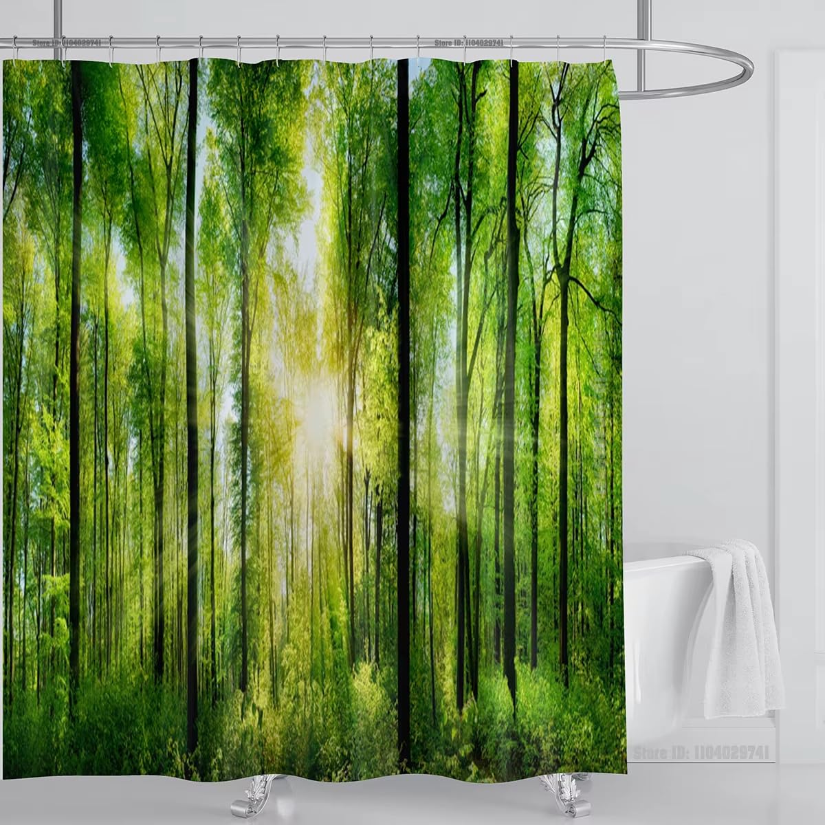 Rideau de douche imperméable grand format 180 x 210 cm avec décor plantes et paysage vert