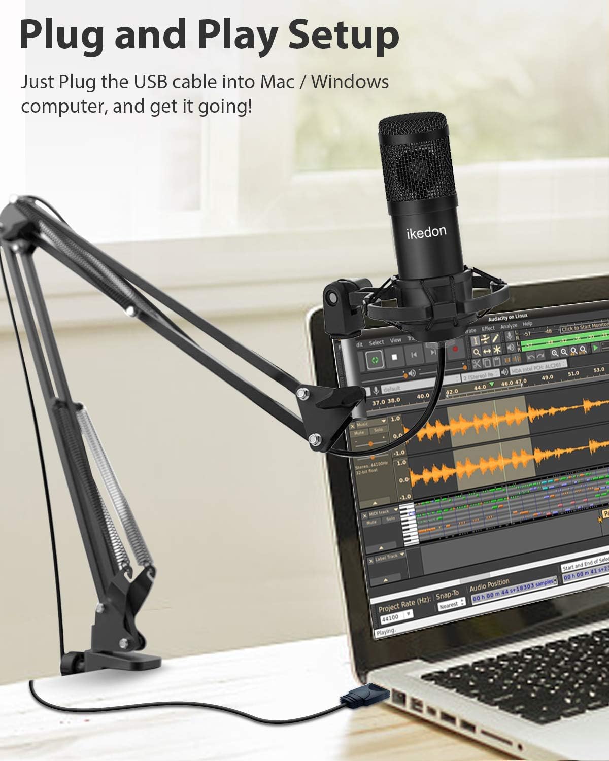 Studio USB Condenser Microphone, ikedon Professional 192kHz/24bit Cardioid Recording Microphone, Plug&Play Computer Microphone Kit with Scissor Arm, Streaming Mic for Podcasting YouTube Gaming -S663