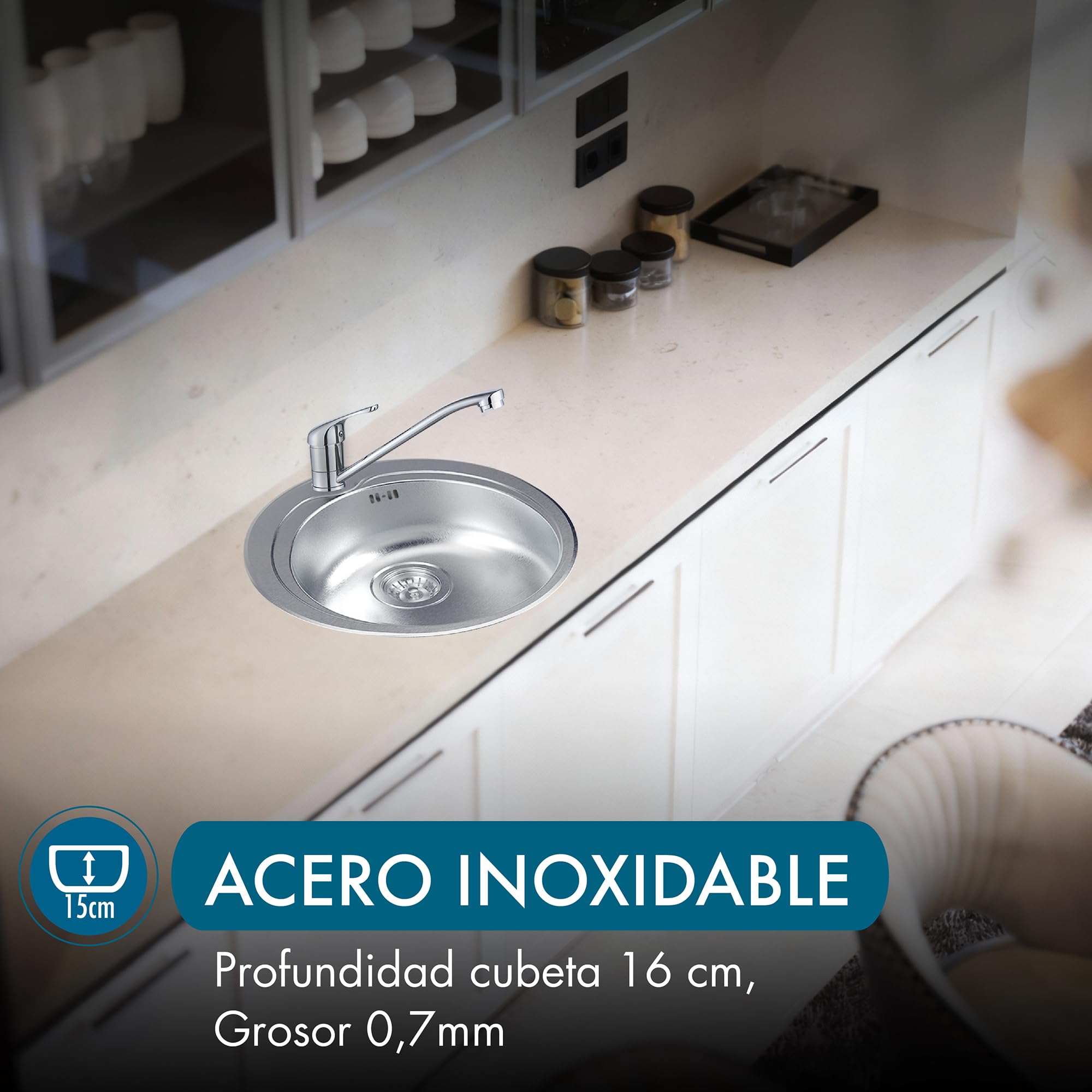 Fregadero Redondo Apelson ARC 38 Ø48,5 cm, Profundidad de 16 cm, Para Mueble de 45 cm, Incluye Sifón y Accesorios de Instalación, Acero Inoxidable