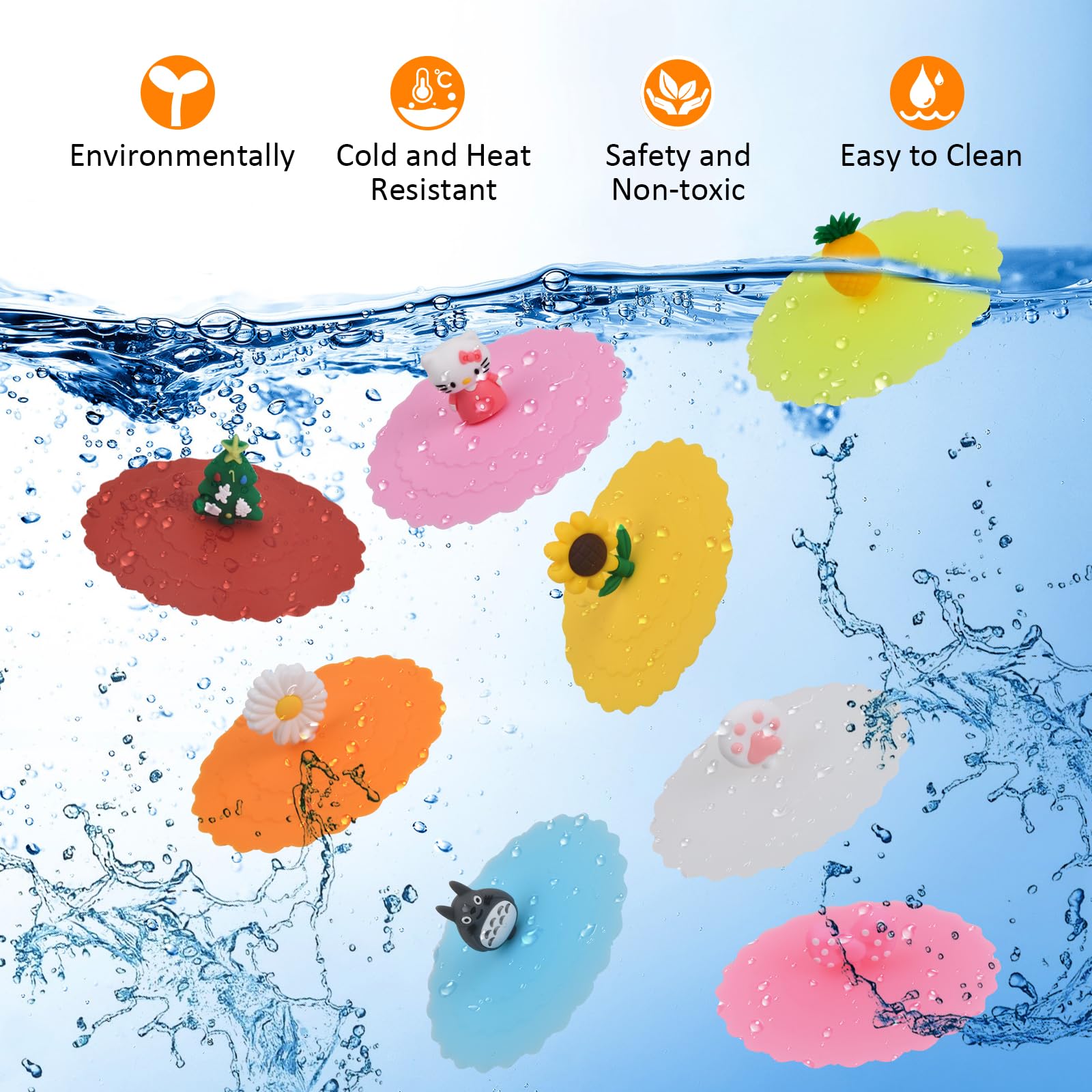 WZYTEU 8pcs Tasse Couvercle Silicone, Réutilisable Anti-Poussière Couvercles Silicone de Qualité Alimentaire pour Boissons en Verre de Vin de Café (Cadeaux:Coaster