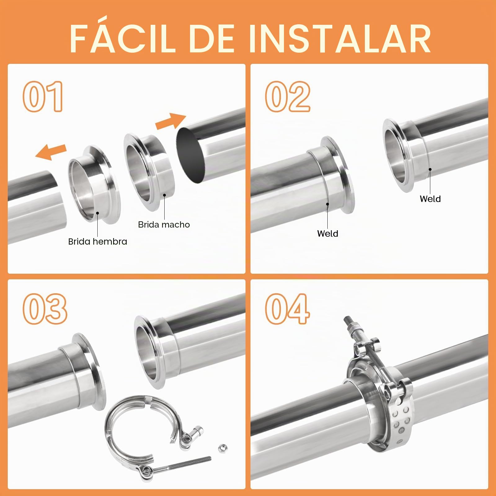 Abrazadera V-Band + Bridas Ø 63,5 mm (2,5 pulgadas) Kit completo en Acero Inoxidable 304 Abrazadera de cierre rápido para escape y turbo con anillos de centrado y abrazadera para tubo de turbo