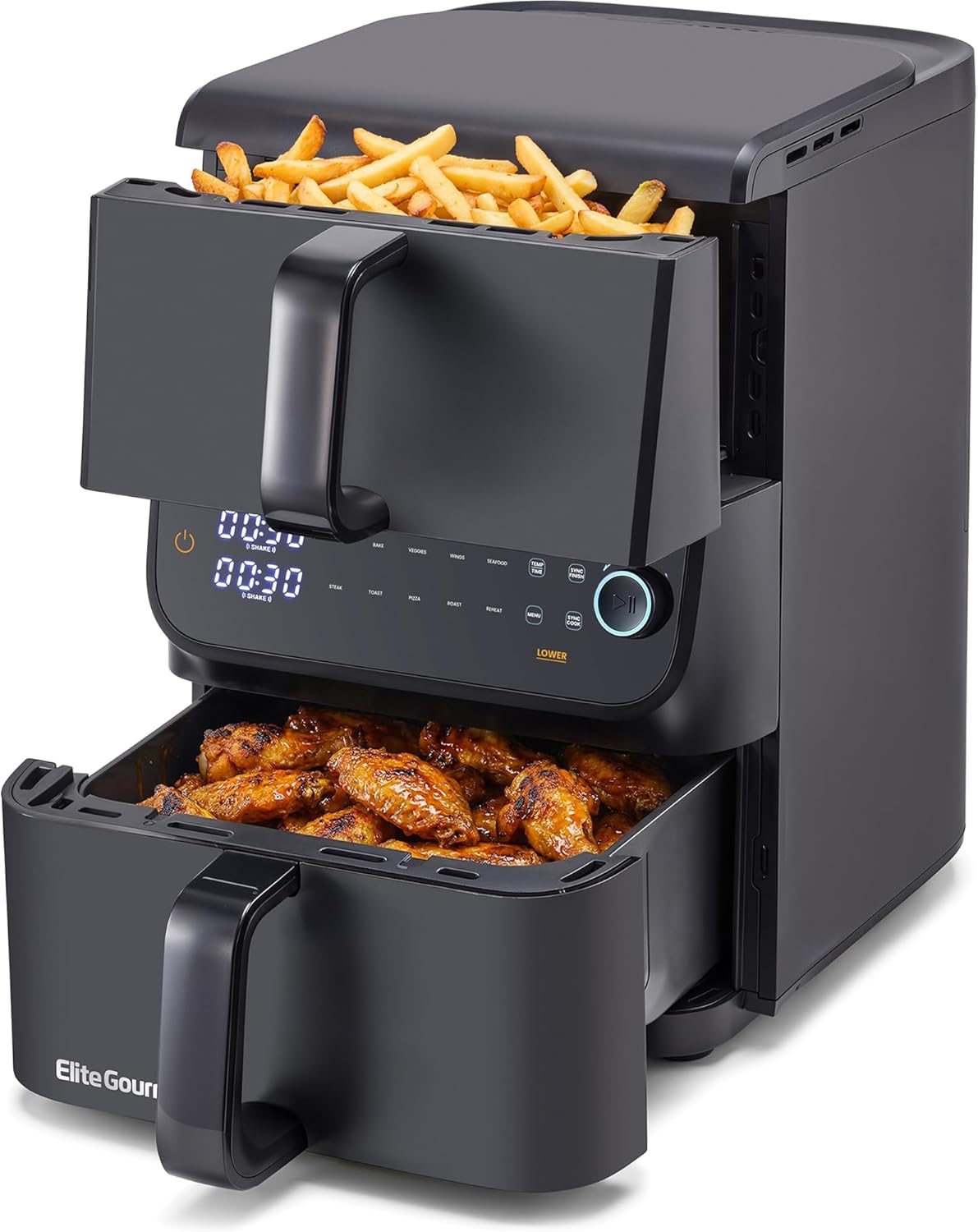 Elite Gourmet Dual Stacked Air Fryer, 10.5 Qt Total Capacity, PFAS-Free Nonstick Baskets, Sync Cook & Sync Finish, 10 Presets, 1700W, Black