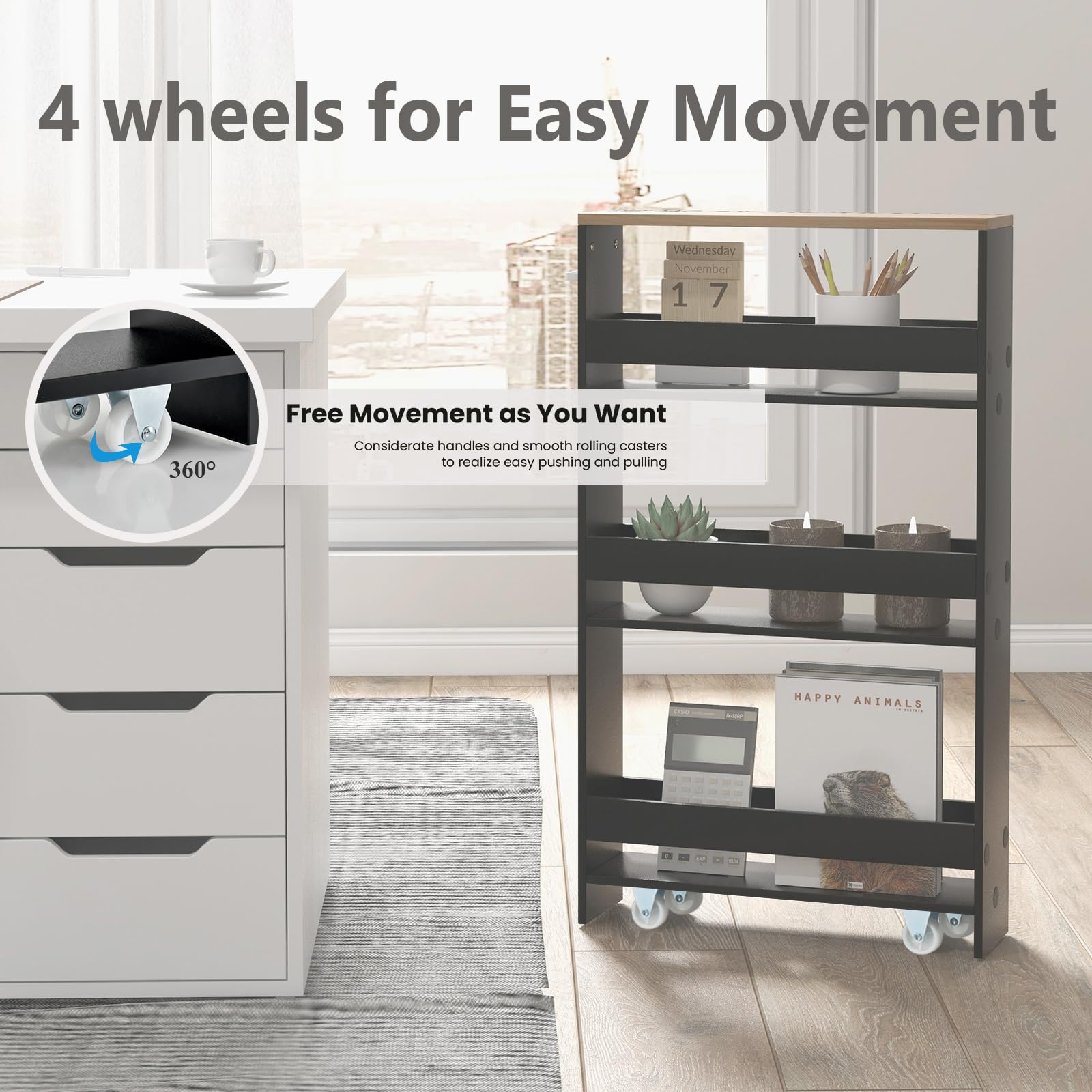 KOMFOTTEU Carrello Portaoggetti a 4 Ripiani con Ruote Rirevoli a 360°, Carrellino Scorrevole con Maniglia Slim, da Bagno, Cucina, Lavanderia, 47,5 x 13 x 80,5 cm (Nero e Naturale, Senza Presa)