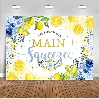 Mocsicka She Found Her Main Squeeze Backdrop Blue Floral Lemon Bridal Shower Decorations Bachelorette Bride to Be Engagement Party Background Cake Table Banner (7x5ft)