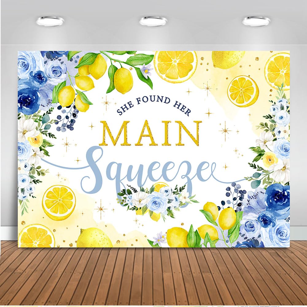 Mocsicka She Found Her Main Squeeze Backdrop Blue Floral Lemon Bridal Shower Decorations Bachelorette Bride to Be Engagement Party Background Cake