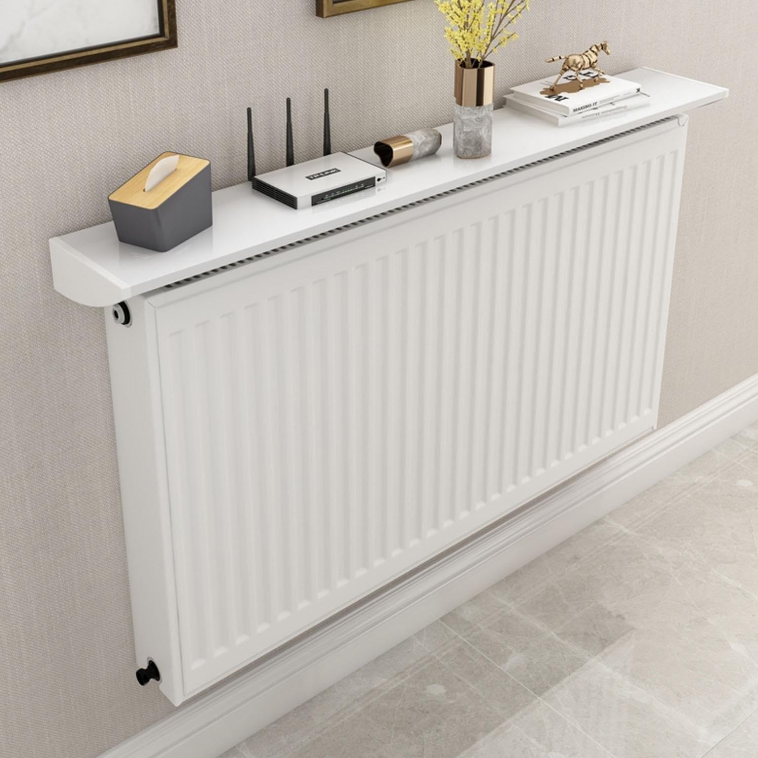 Cubre Radiadores A Prueba De Polvo Y Antihumo,Balda Radiador 15 Cm De Aluminio Blanco, Cubreradiador Sin Agujeros con Soporte Fácil De Instalar,Ofrece Espacio De Almacenamiento Pasillo 70cm