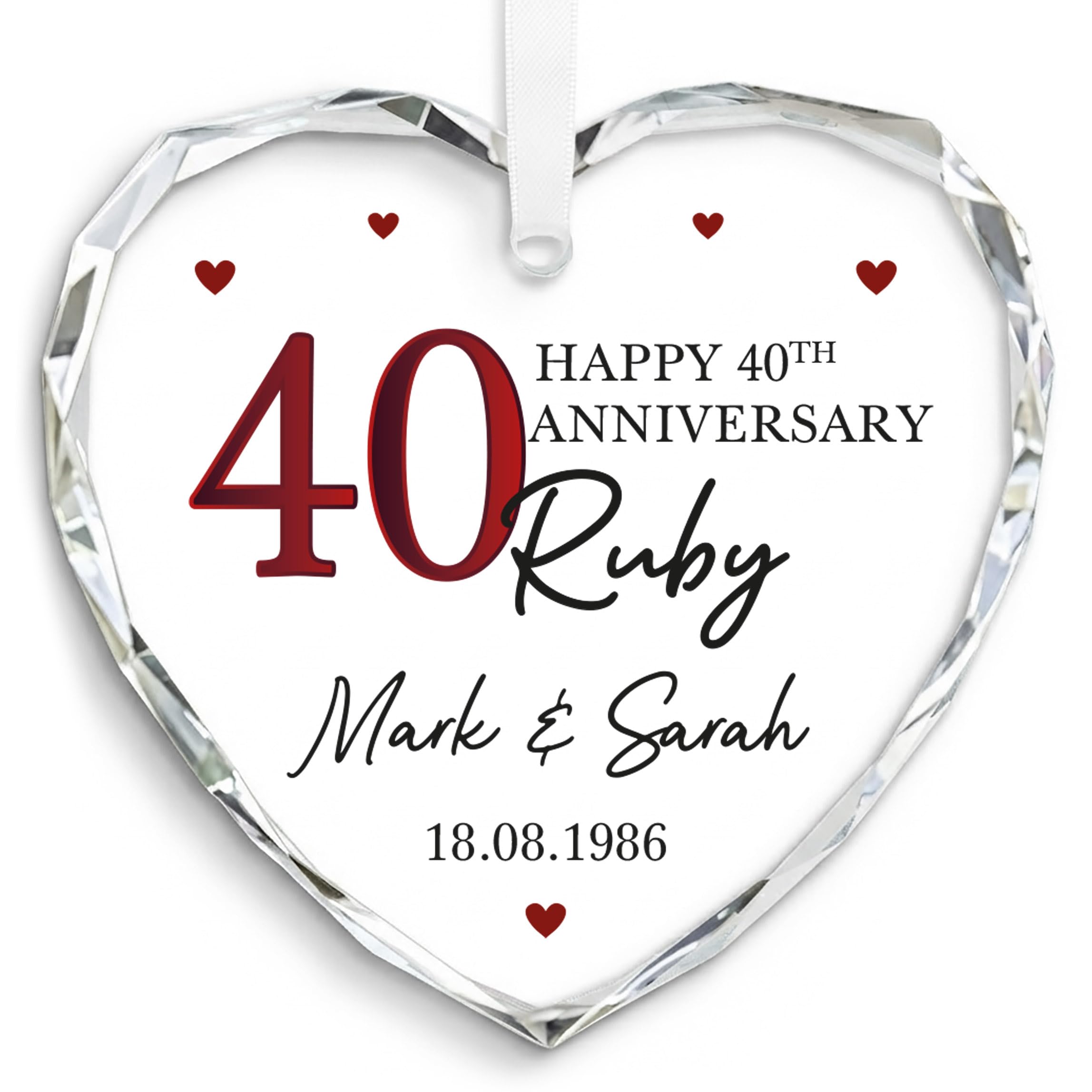 Beecreative 40th For Couple - Crystal Glass Hanging Decoration - Personalised Ruby Wedding Anniversary Present - With Grey Bag