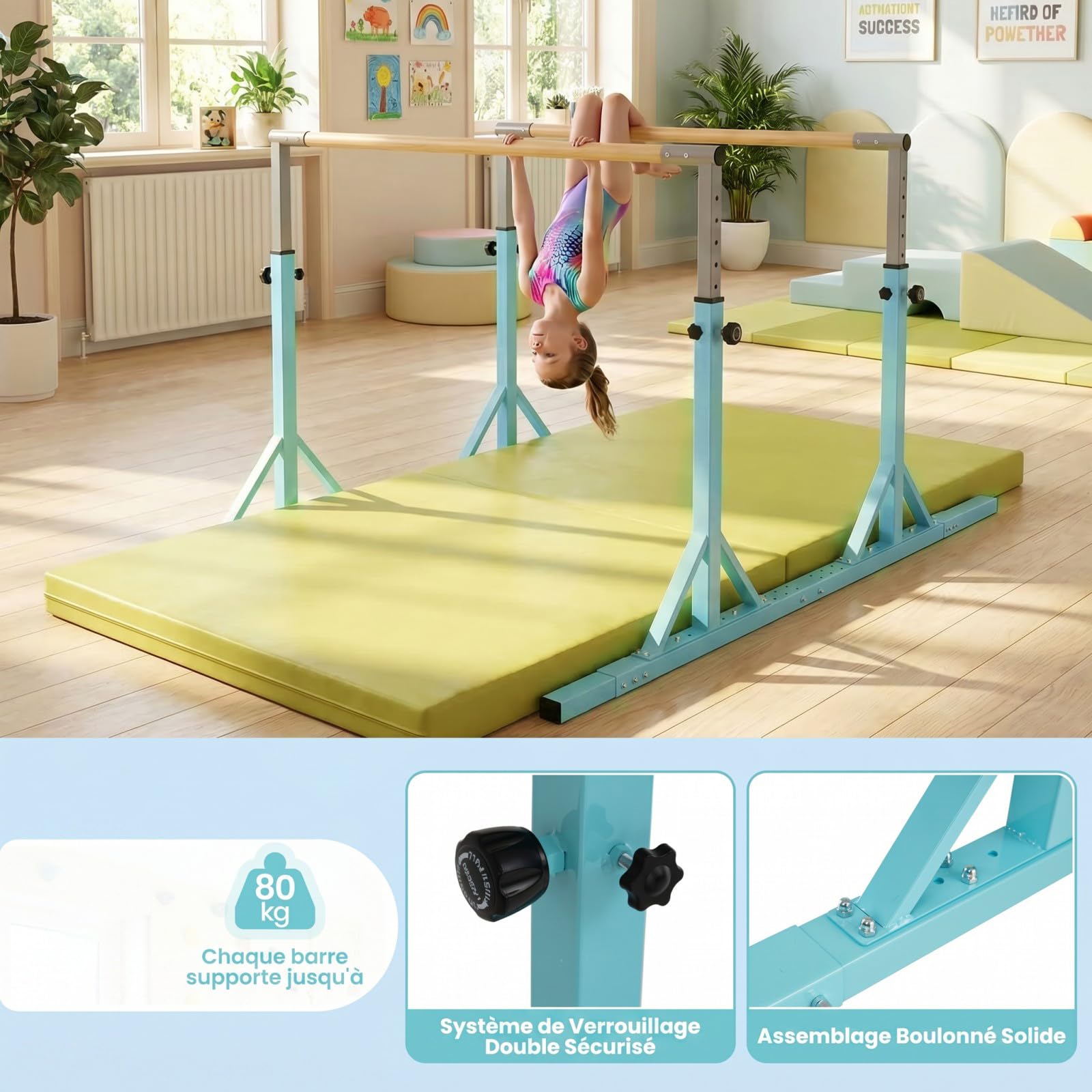 GYMAX Barres Parallèles de Gymnastique pour Enfants, Double Barre Réglable en Hauteur 85-145 cm sur 13 Niveaux, Équipement d'Entraînement à Domicile avec Support Métallique Triangulaire