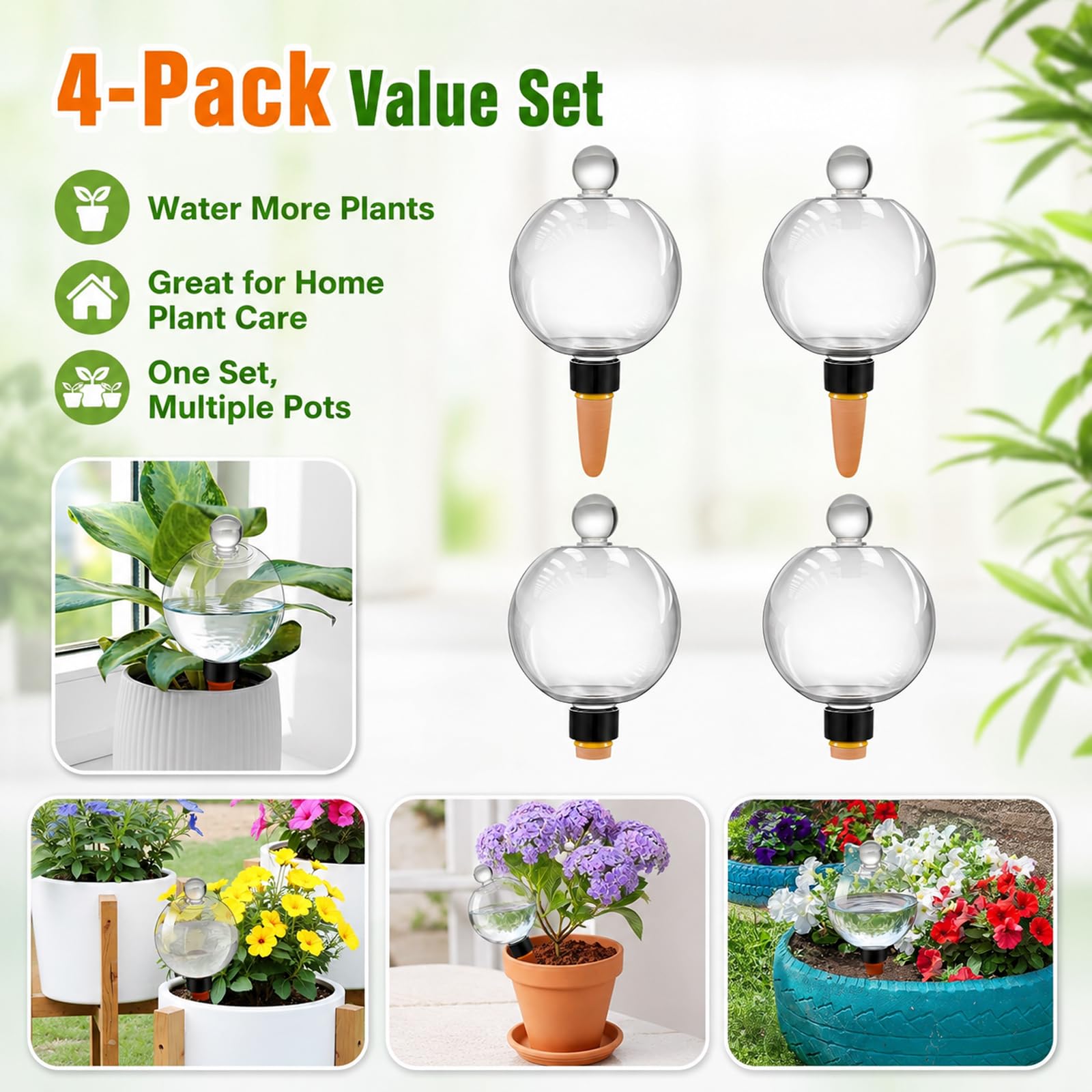 Lot de 4 globes d'arrosage automatique extra larges de 481,9 g – Ampoules d'eau en plastique, dispositifs d'arrosage des plantes intérieur/extérieur pour irrigation goutte à goutte automatique