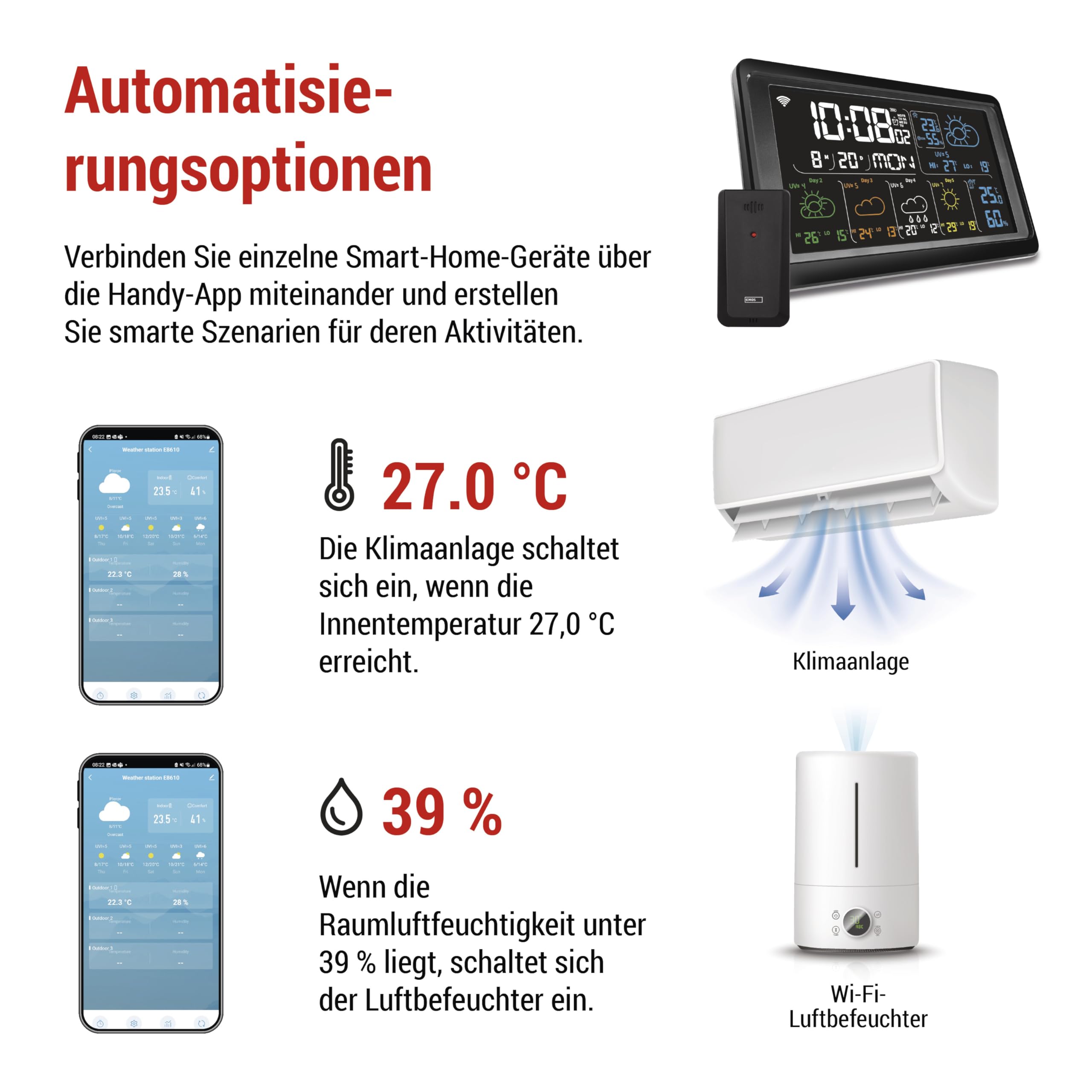 EMOS GoSmart – stacja pogodowa WiFi z bezprzewodowym czujnikiem zewnętrznym i aplikacją – kolorowy wyświetlacz, 5-dniowa prognoza pogody, termometr, higrometr, zegar kompatybilny z Tuya, Smartlife – w