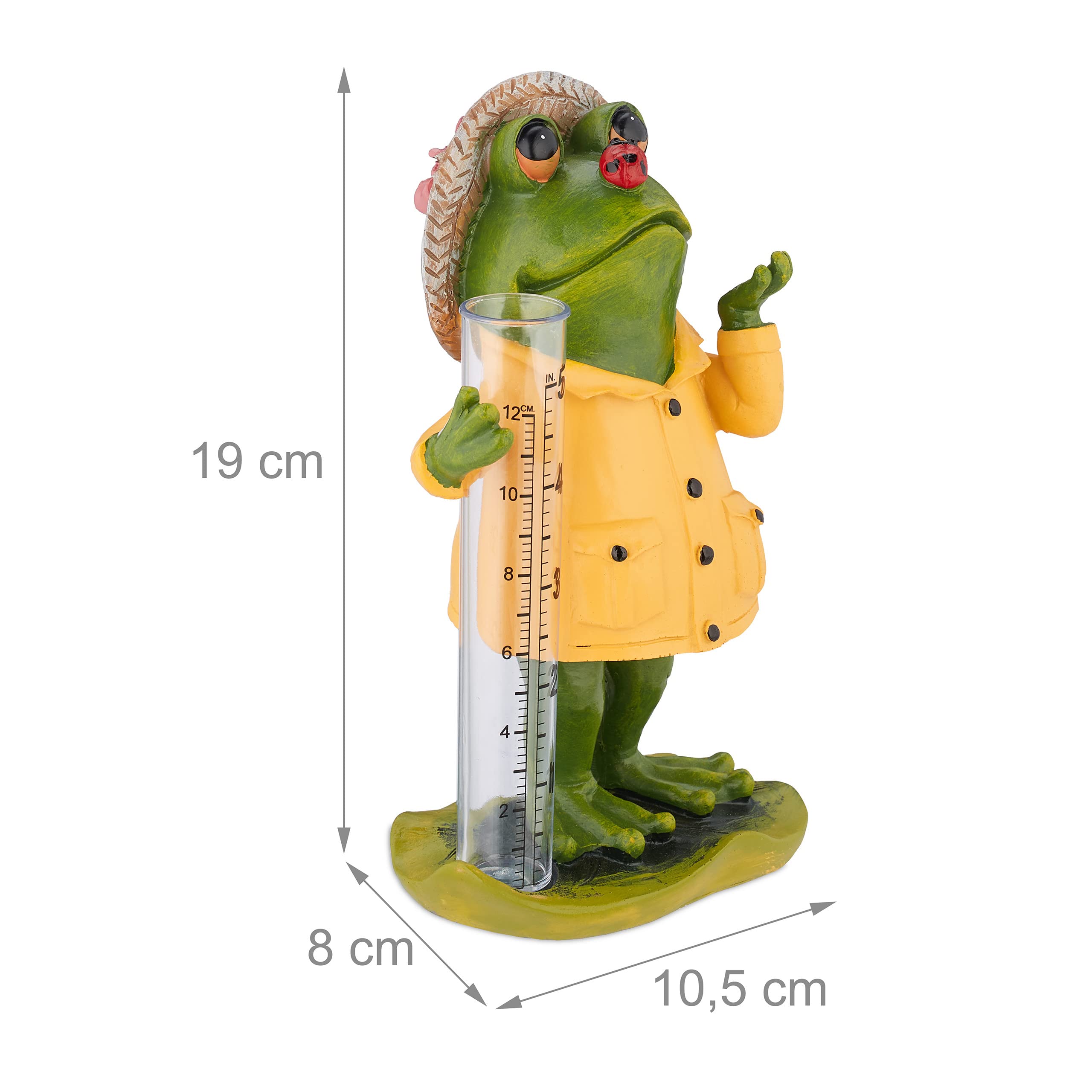 Relaxdays Pluviomètre Grenouille Jardin, résistant intempéries, Mesure précipitations, HxLxP : 19x10,5x8 cm, Multicolore